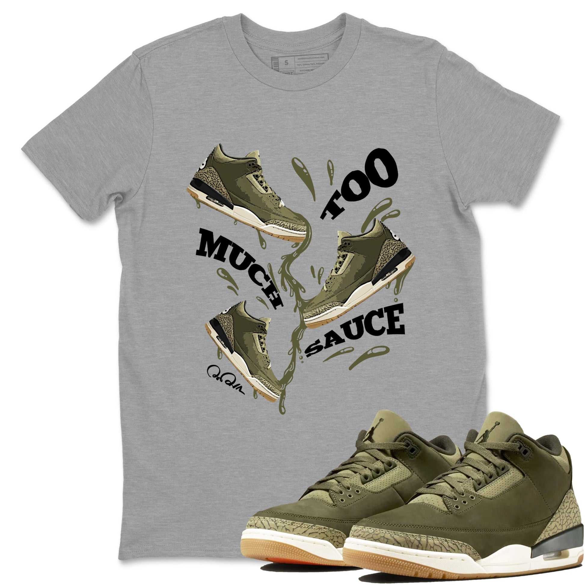 Sneaker Threads – Sneaker Tees To Match Air Jordan 3 Medium Olive – Too Much Sauce Graphic Tee Heather Grey 1. Perfect for Jordan releases 2025 colorways.