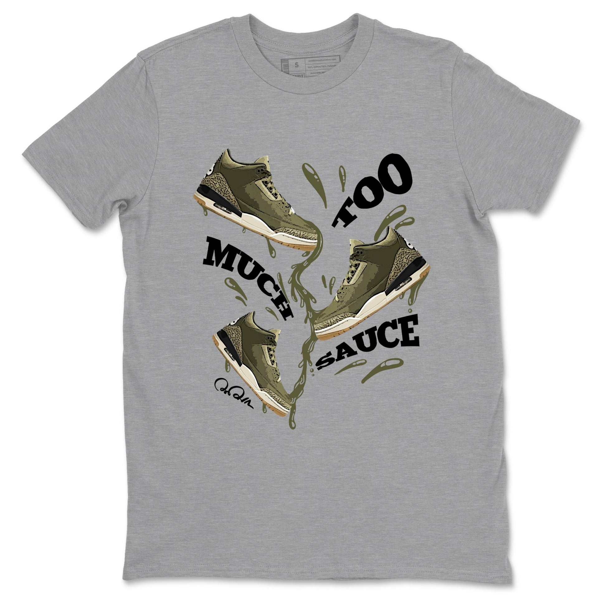 Sneaker Threads – Sneaker Tees To Match Air Jordan 3 Medium Olive – Too Much Sauce Graphic Tee Heather Grey 2. Perfect for Jordan releases 2025 colorways.