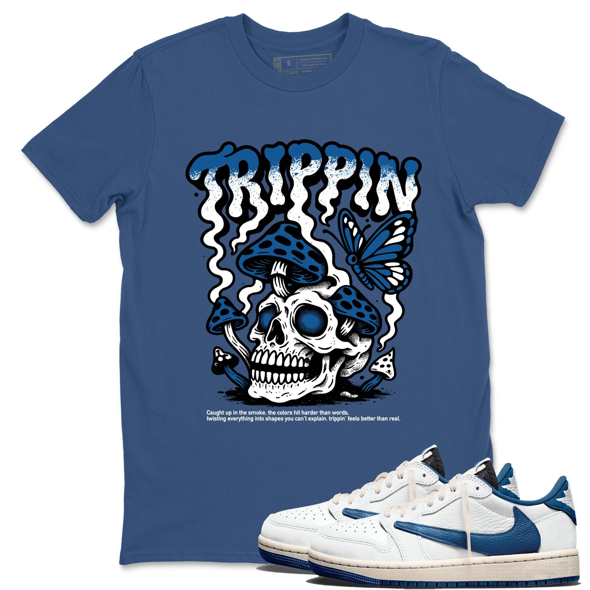 Sneaker match tees – Sneaker Tees To Match Air Jordan 1 Travis Scott Fragment Shoes – Trippin Tee Denim Blue 1