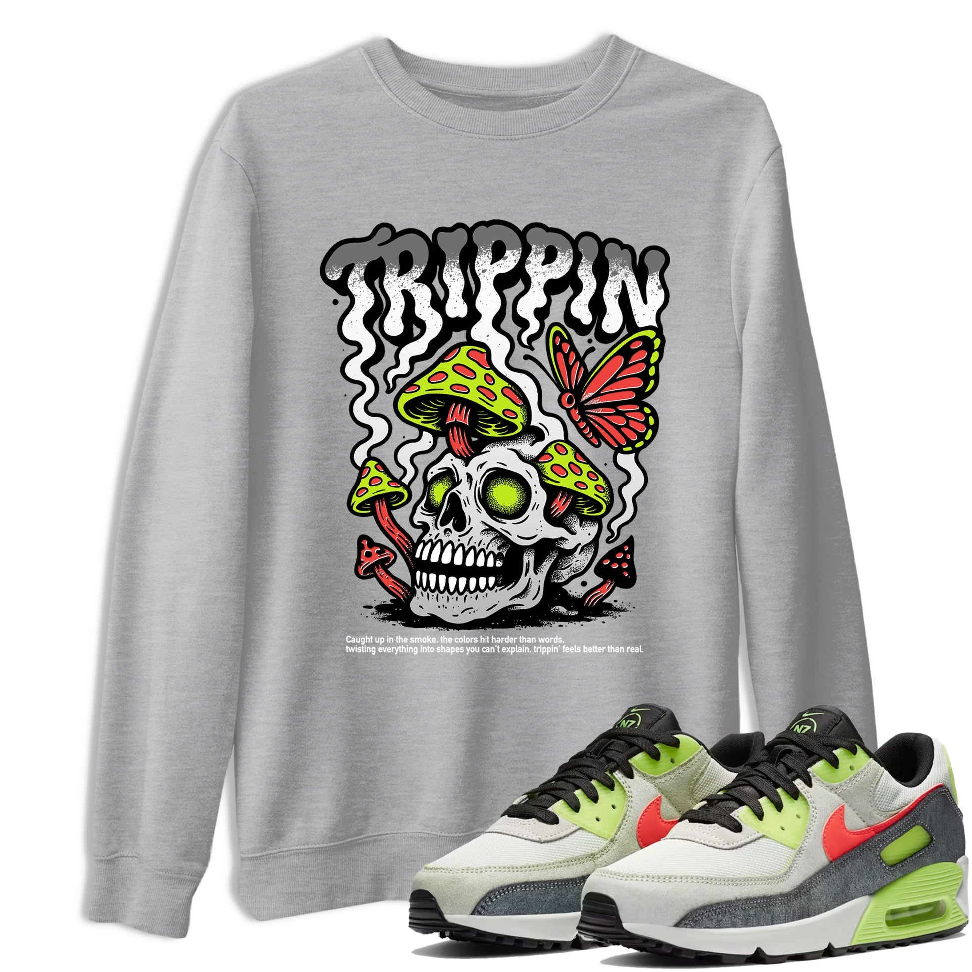 Sneaker Threads – Sneaker Tees To Match Air Max 90 Spruce Aura and Ghost Green – Trippin Graphic Tee Heather Grey 1. Perfect for Jordan releases 2025 colorways.