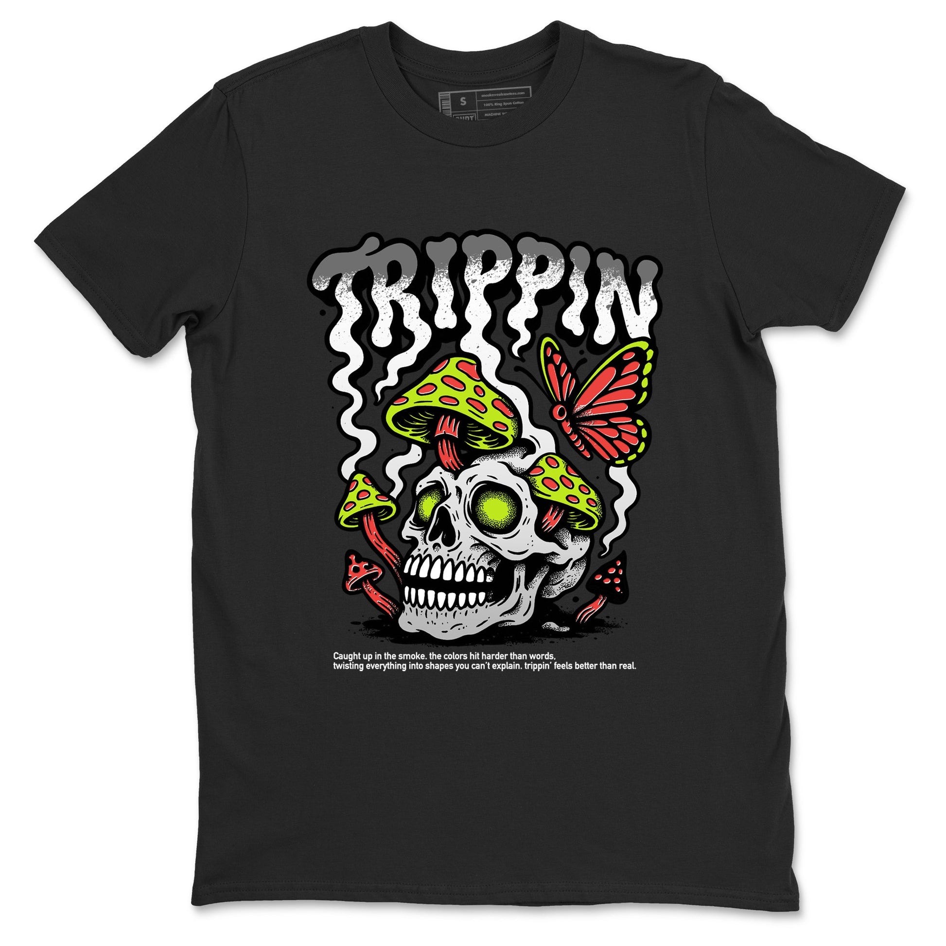 Sneaker Threads – Sneaker Tees To Match Air Max 90 Spruce Aura and Ghost Green – Trippin Graphic Tee Black 2. Perfect for Jordan releases 2025 colorways.