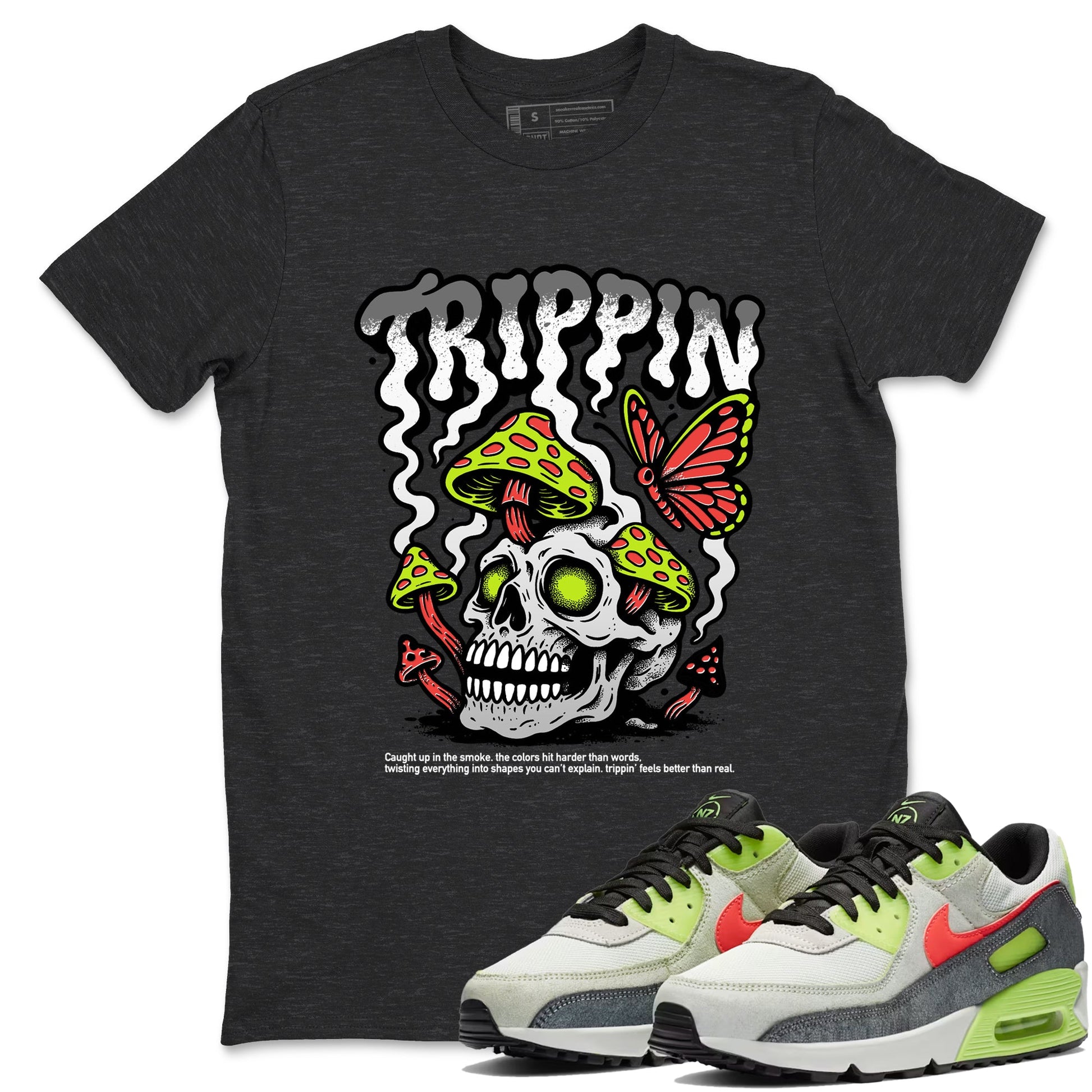 Sneaker Threads – Sneaker Tees To Match Air Max 90 Spruce Aura and Ghost Green – Trippin Graphic Tee Charcoal Heather 1. Perfect for Jordan releases 2025 colorways.
