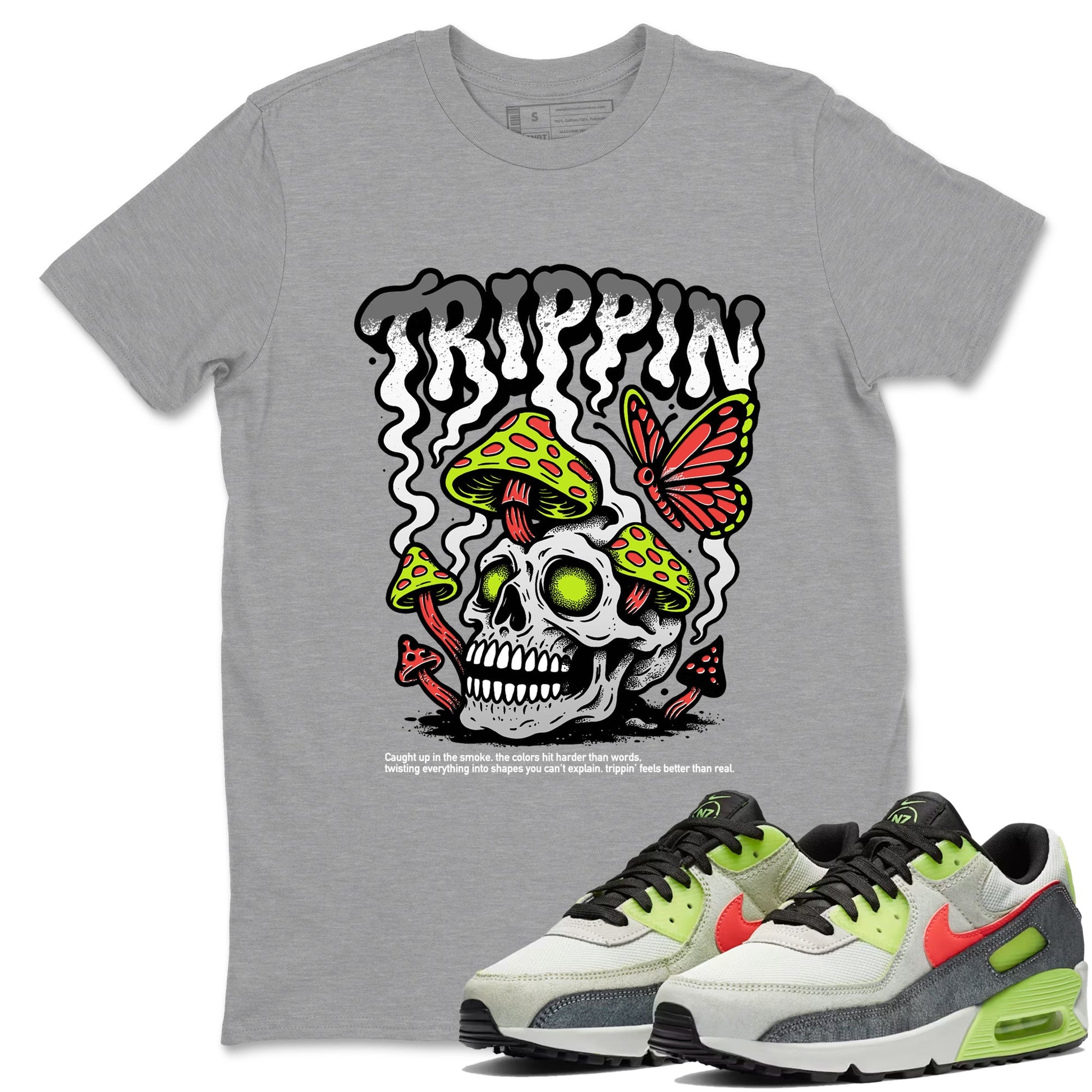 Sneaker Threads – Sneaker Tees To Match Air Max 90 Spruce Aura and Ghost Green – Trippin Graphic Tee Heather Grey 1. Perfect for Jordan releases 2025 colorways.