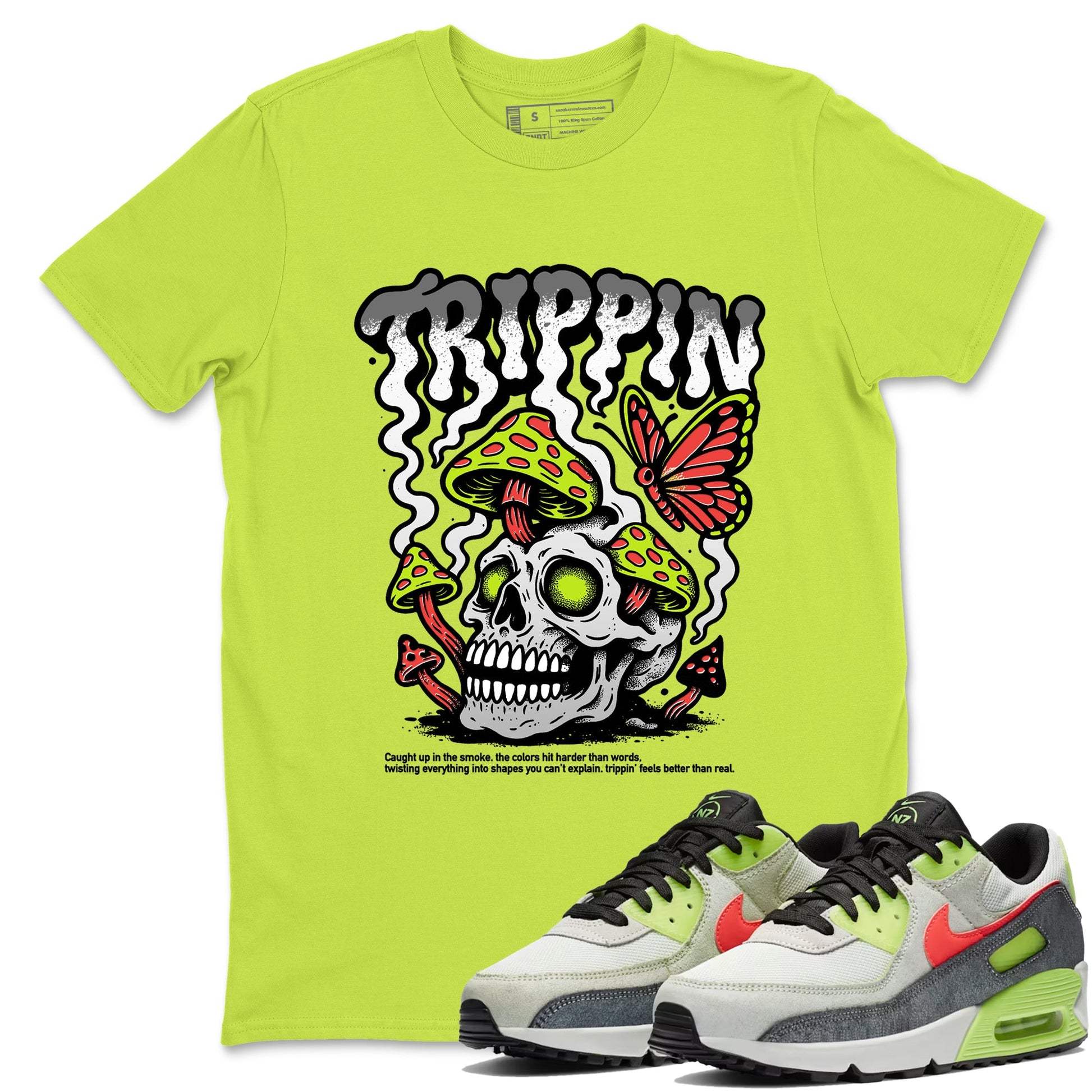 Sneaker Threads – Sneaker Tees To Match Air Max 90 Spruce Aura and Ghost Green – Trippin Graphic Tee Safety Green 1. Perfect for Jordan releases 2025 colorways.