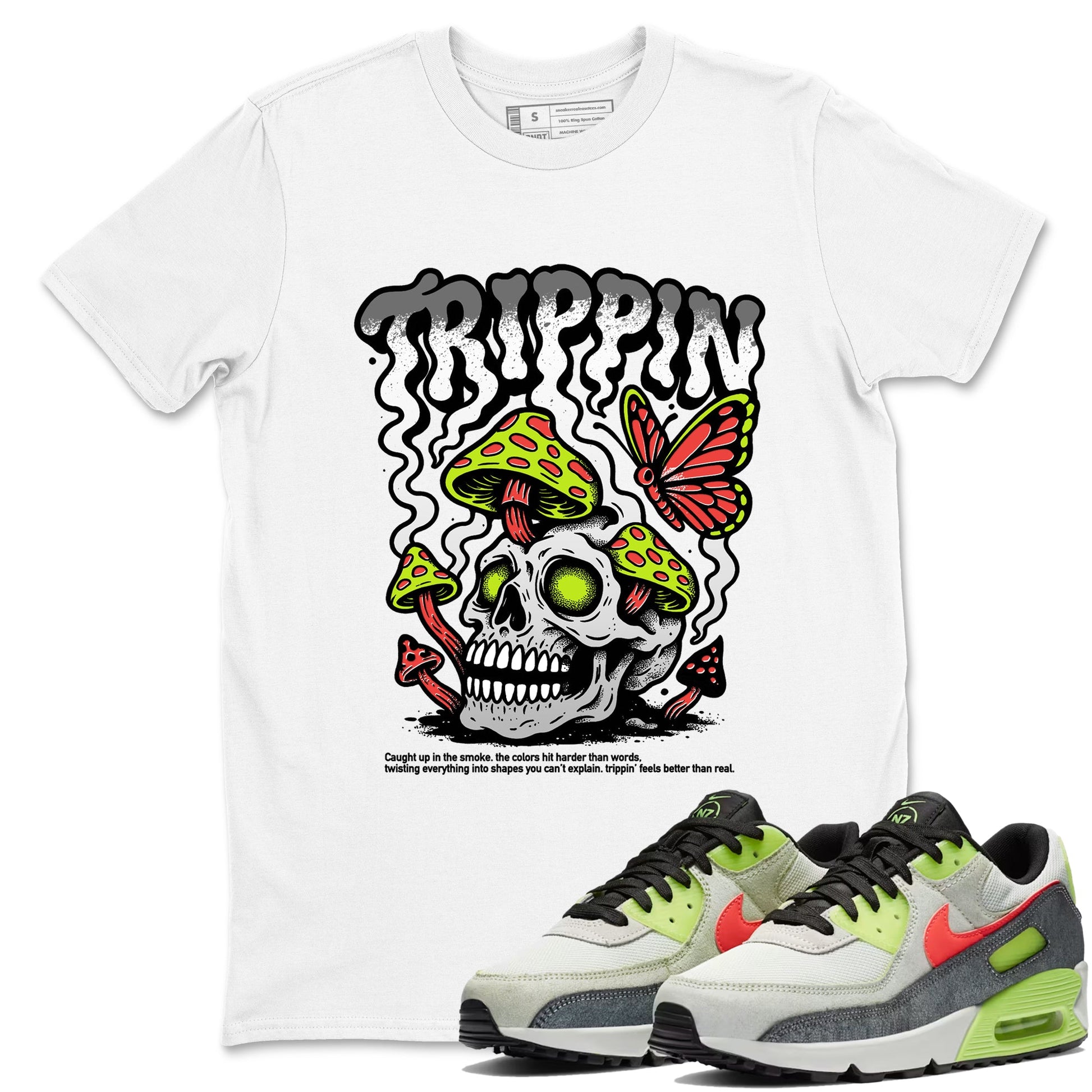 Sneaker Threads – Sneaker Tees To Match Air Max 90 Spruce Aura and Ghost Green – Trippin Graphic Tee White 1. Perfect for Jordan releases 2025 colorways.