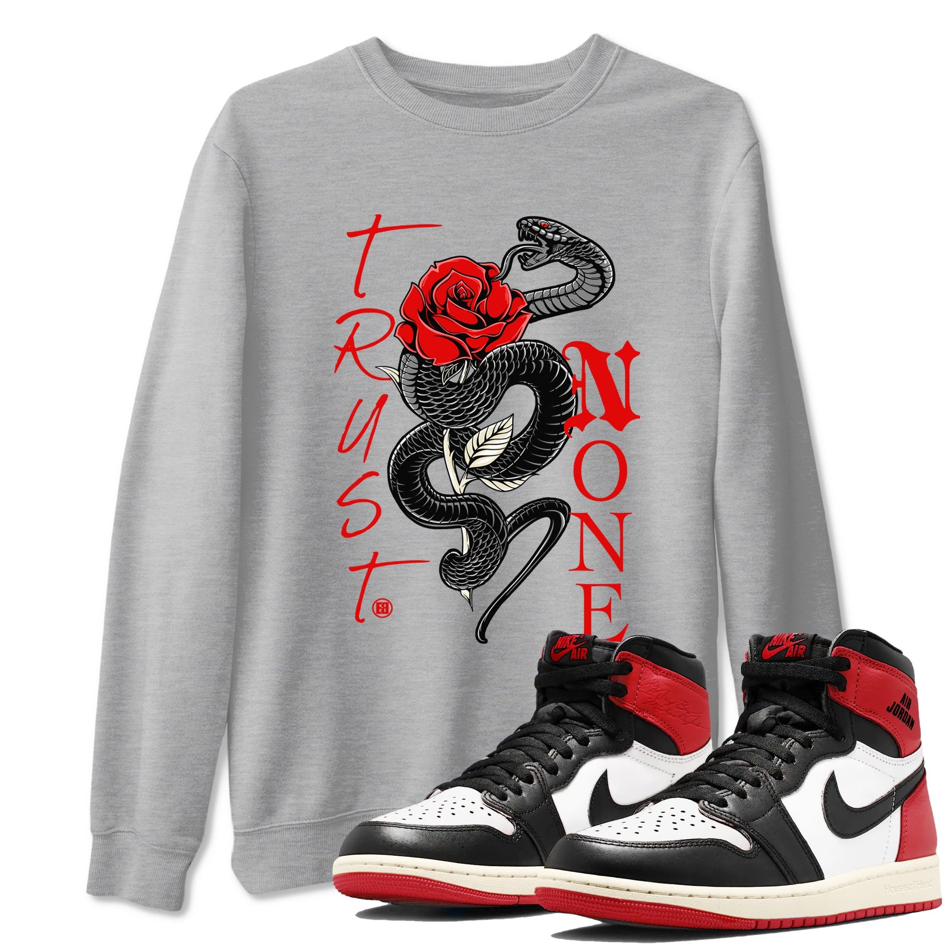 1s Black Toe Reimagined shirts to match jordans Trust None sneaker match tees Air Jordan 1 Black Toe Reimagined SNRT Sneaker Tees streetwear brand Heather Grey 1 unisex cotton tee