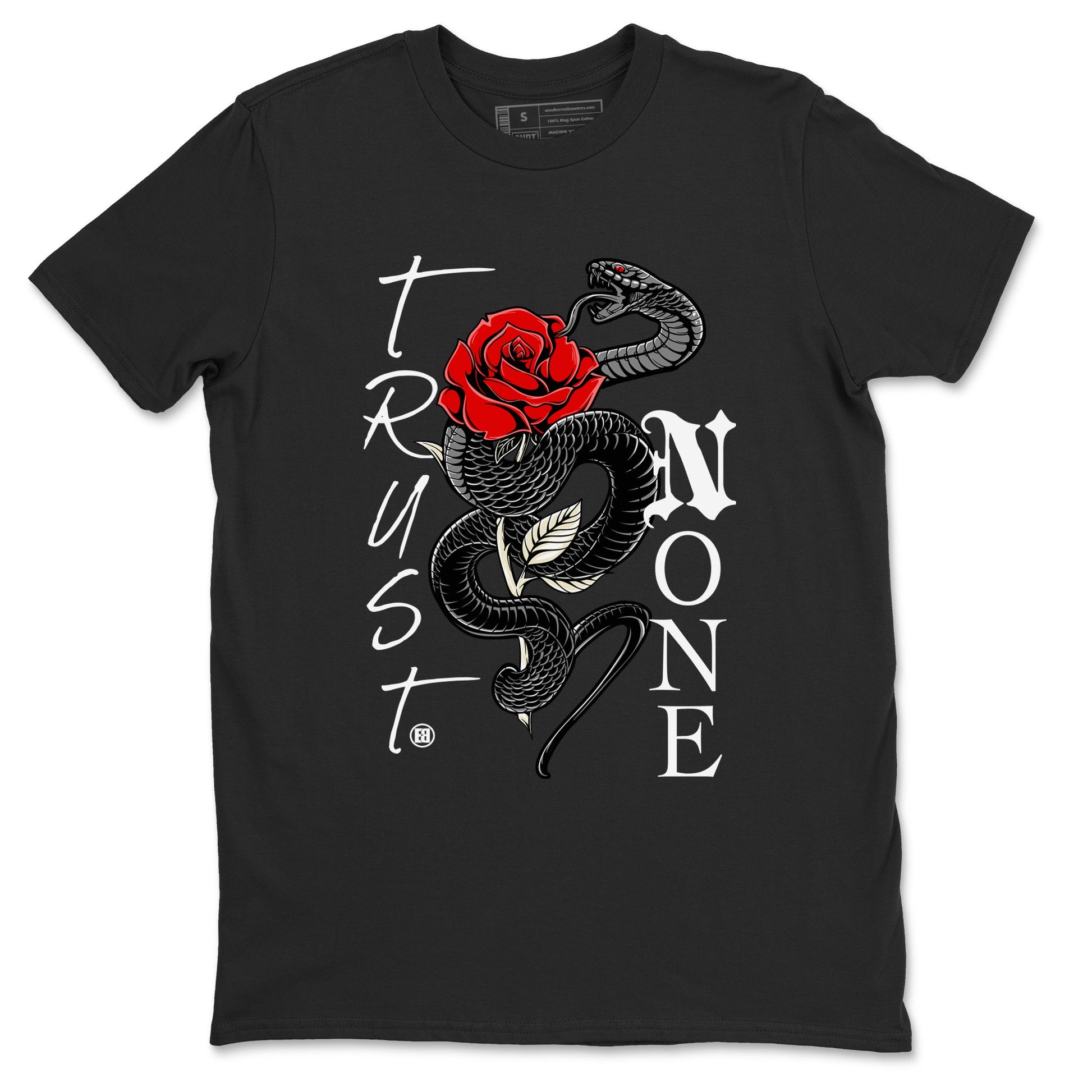 1s Black Toe Reimagined shirts to match jordans Trust None sneaker match tees Air Jordan 1 Black Toe Reimagined SNRT Sneaker Tees streetwear brand Black 2 unisex cotton tee