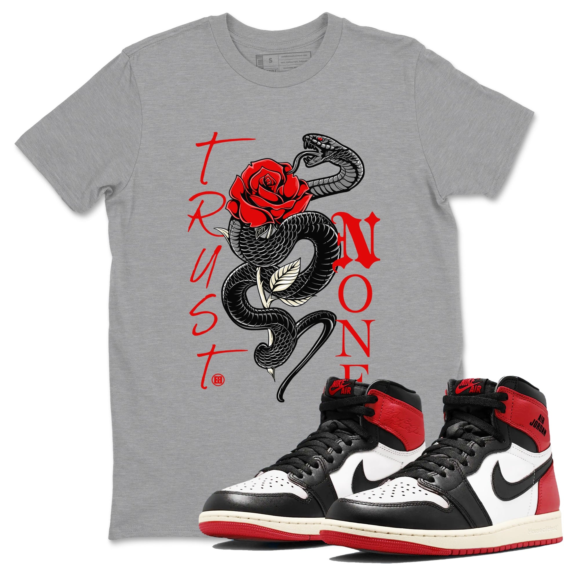 1s Black Toe Reimagined shirts to match jordans Trust None sneaker match tees Air Jordan 1 Black Toe Reimagined SNRT Sneaker Tees streetwear brand Heather Grey 1 unisex cotton tee
