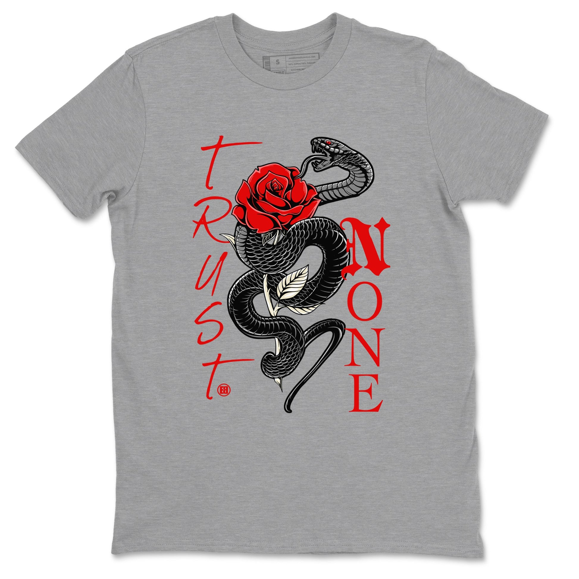 1s Black Toe Reimagined shirts to match jordans Trust None sneaker match tees Air Jordan 1 Black Toe Reimagined SNRT Sneaker Tees streetwear brand Heather Grey 2 unisex cotton tee