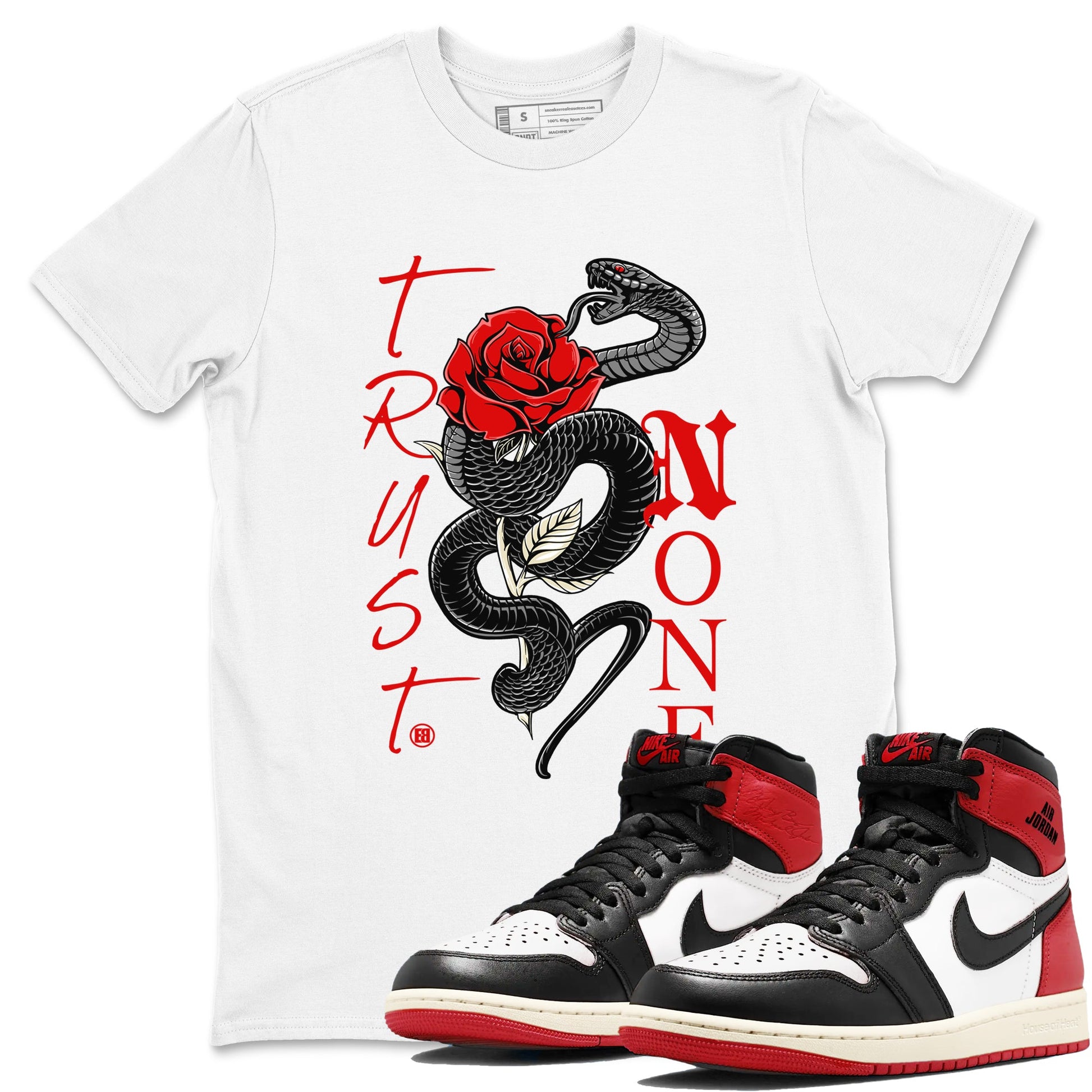 1s Black Toe Reimagined shirts to match jordans Trust None sneaker match tees Air Jordan 1 Black Toe Reimagined SNRT Sneaker Tees streetwear brand White 1 unisex cotton tee