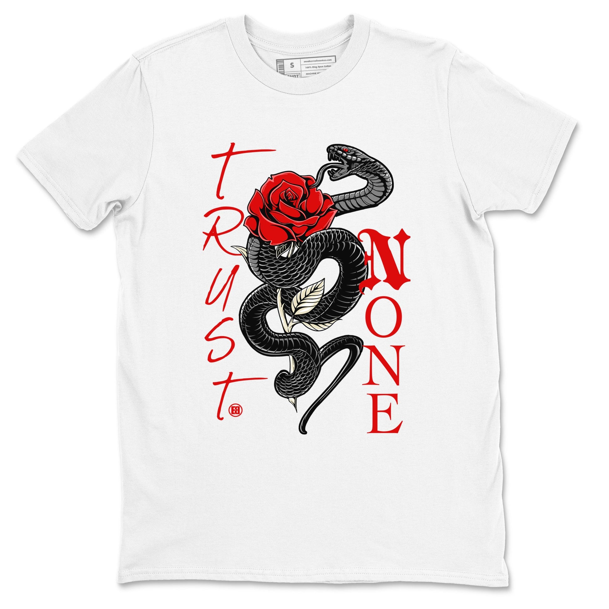 1s Black Toe Reimagined shirts to match jordans Trust None sneaker match tees Air Jordan 1 Black Toe Reimagined SNRT Sneaker Tees streetwear brand White 2 unisex cotton tee