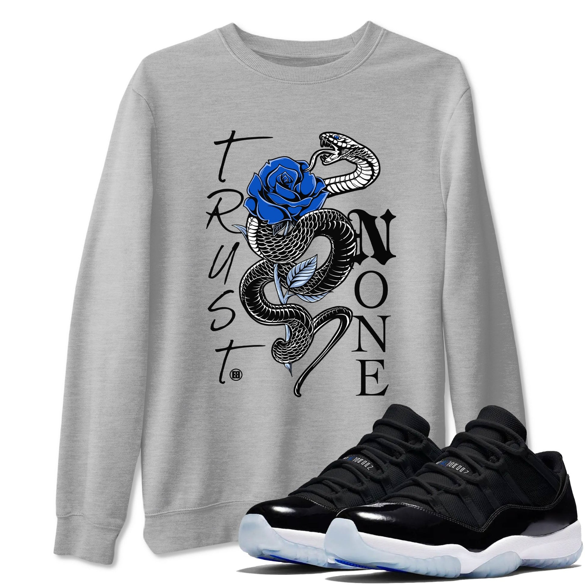 AJ11 Black and Varsity Royal shirt to match jordans Trust None sneaker tees Air Jordan 11 Black and Varsity Royal SNRT Sneaker Release Tees unisex cotton Heather Grey 1 crew neck shirt
