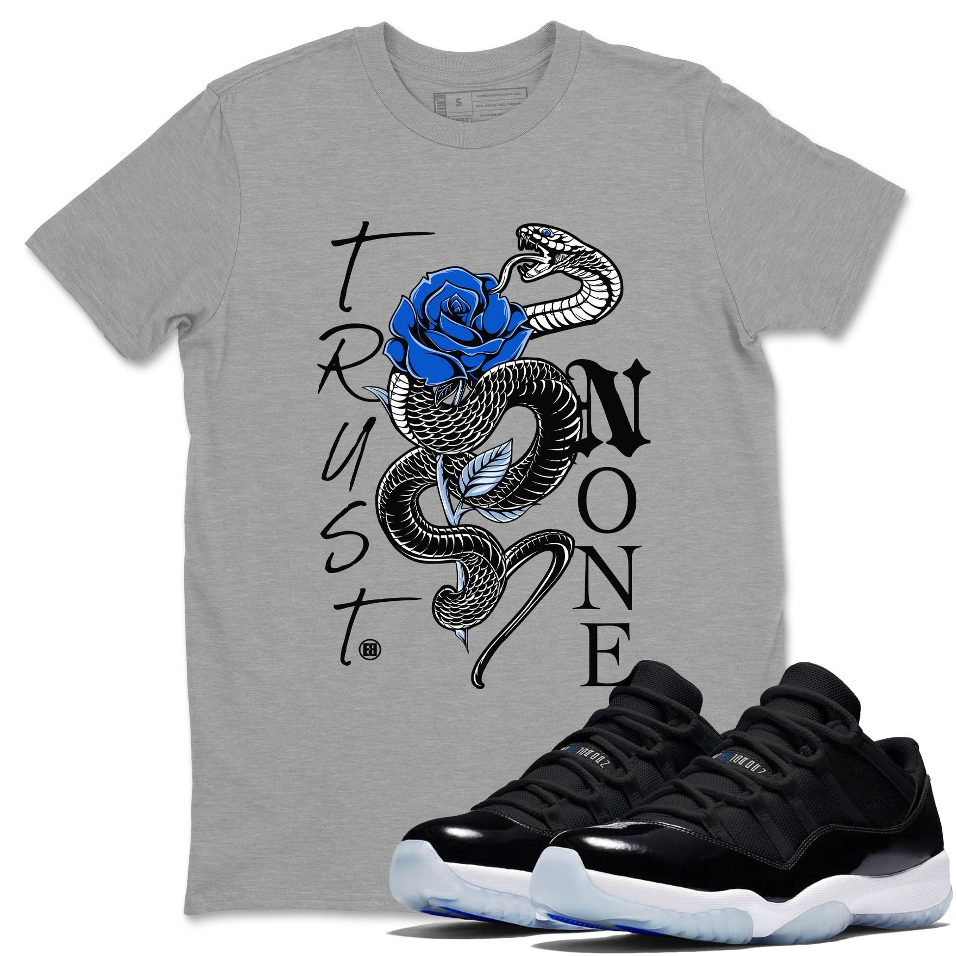 AJ11 Black and Varsity Royal shirt to match jordans Trust None sneaker tees Air Jordan 11 Black and Varsity Royal SNRT Sneaker Release Tees unisex cotton Heather Grey 1 crew neck shirt