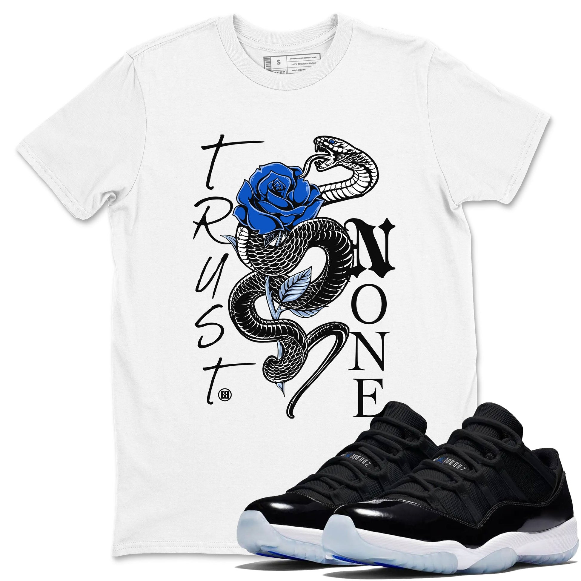 AJ11 Black and Varsity Royal shirt to match jordans Trust None sneaker tees Air Jordan 11 Black and Varsity Royal SNRT Sneaker Release Tees unisex cotton White 1 crew neck shirt