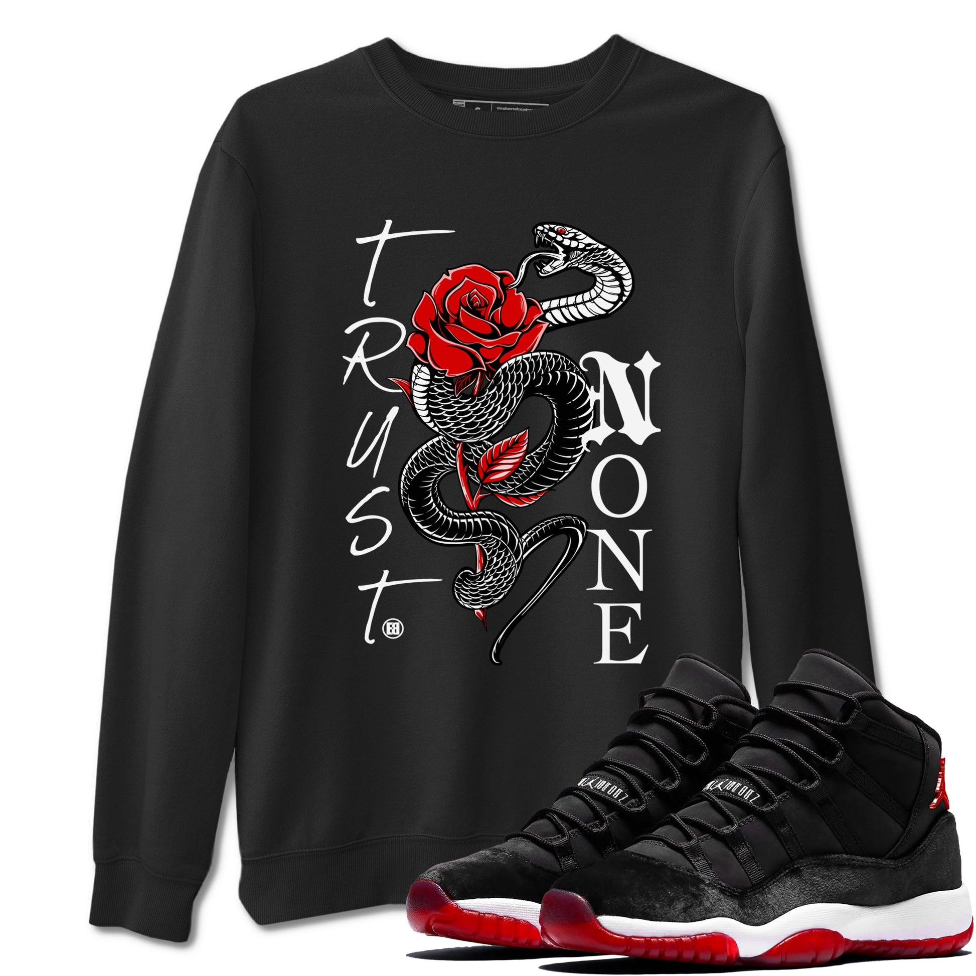 11s Bred Velvet shirts to match jordans Trust None sneaker match tees Air Jordan 11 Bred Velvet SNRT Sneaker Tees streetwear brand Black 1 unisex cotton tee