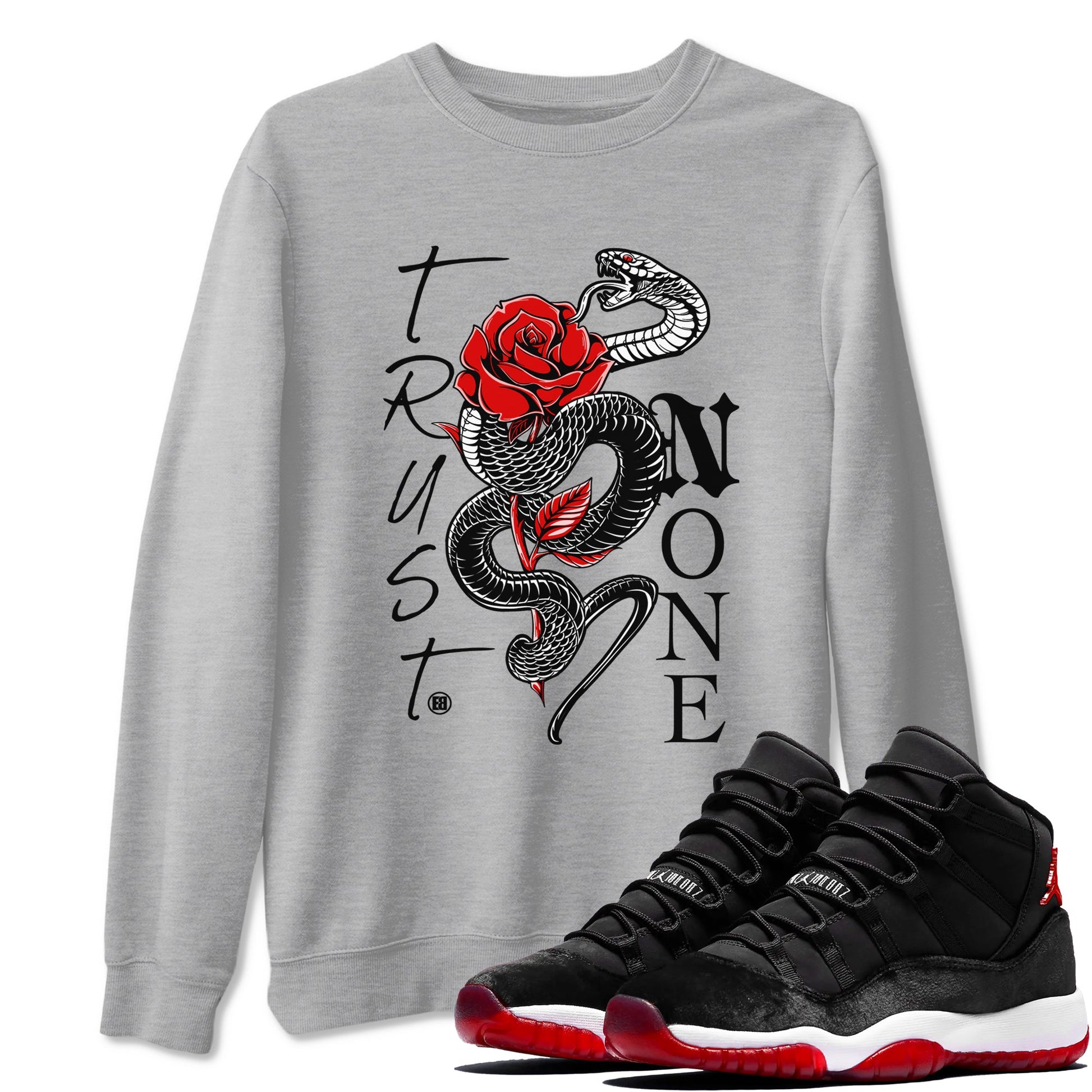 11s Bred Velvet shirts to match jordans Trust None sneaker match tees Air Jordan 11 Bred Velvet SNRT Sneaker Tees streetwear brand Heather Grey 1 unisex cotton tee