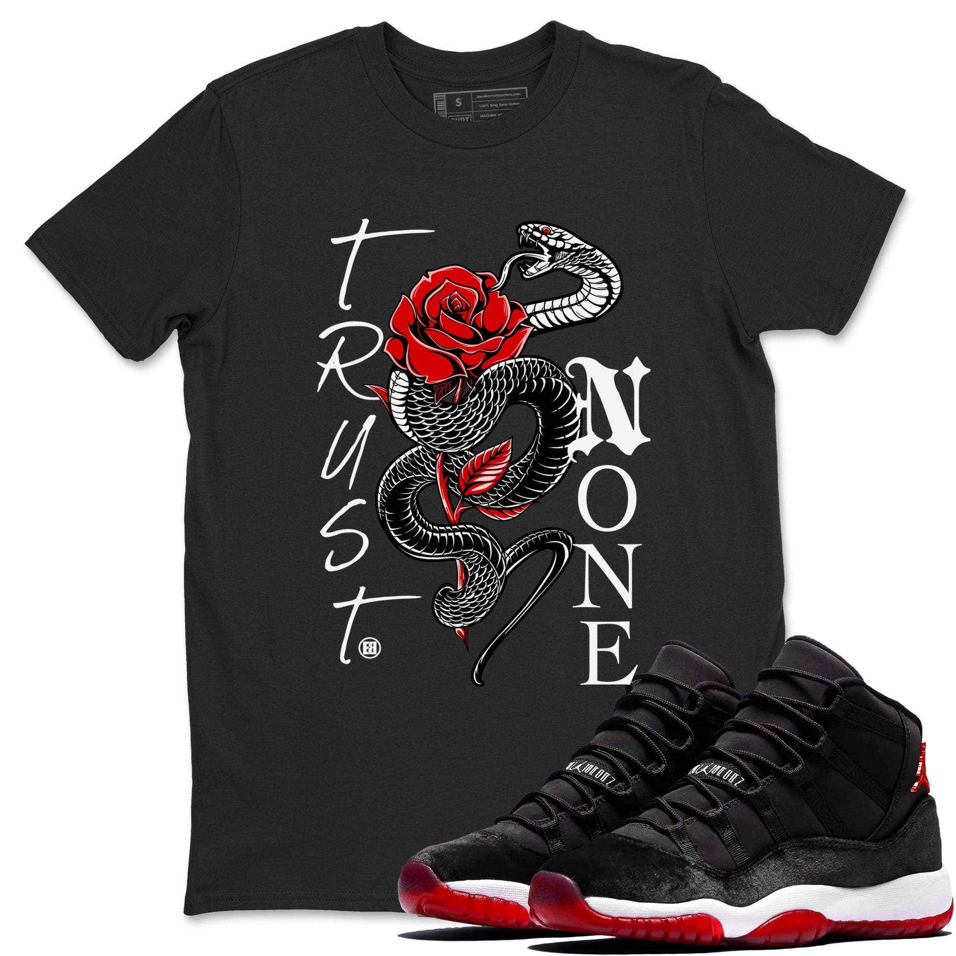 11s Bred Velvet shirts to match jordans Trust None sneaker match tees Air Jordan 11 Bred Velvet SNRT Sneaker Tees streetwear brand Black 1 unisex cotton tee