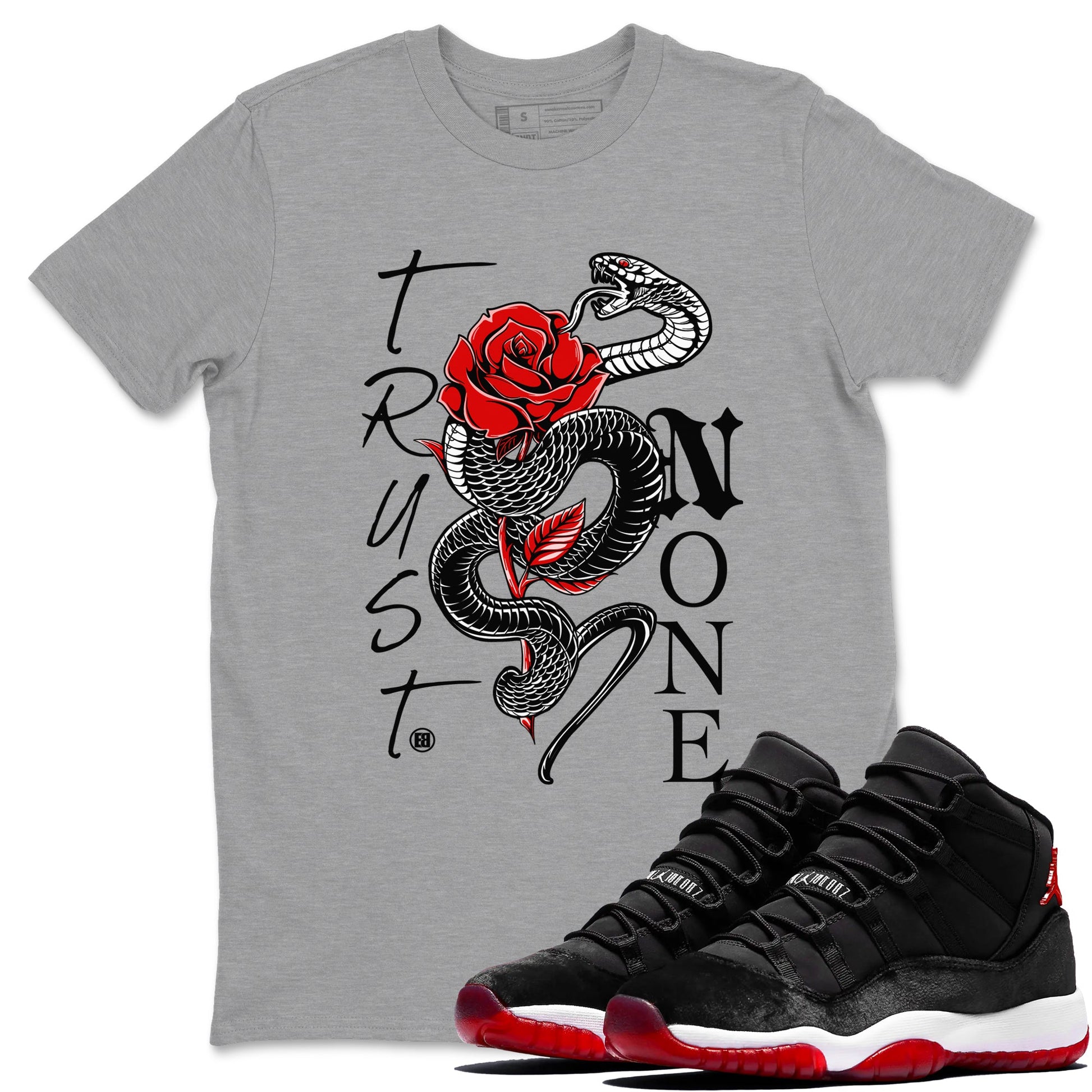 11s Bred Velvet shirts to match jordans Trust None sneaker match tees Air Jordan 11 Bred Velvet SNRT Sneaker Tees streetwear brand Heather Grey 1 unisex cotton tee
