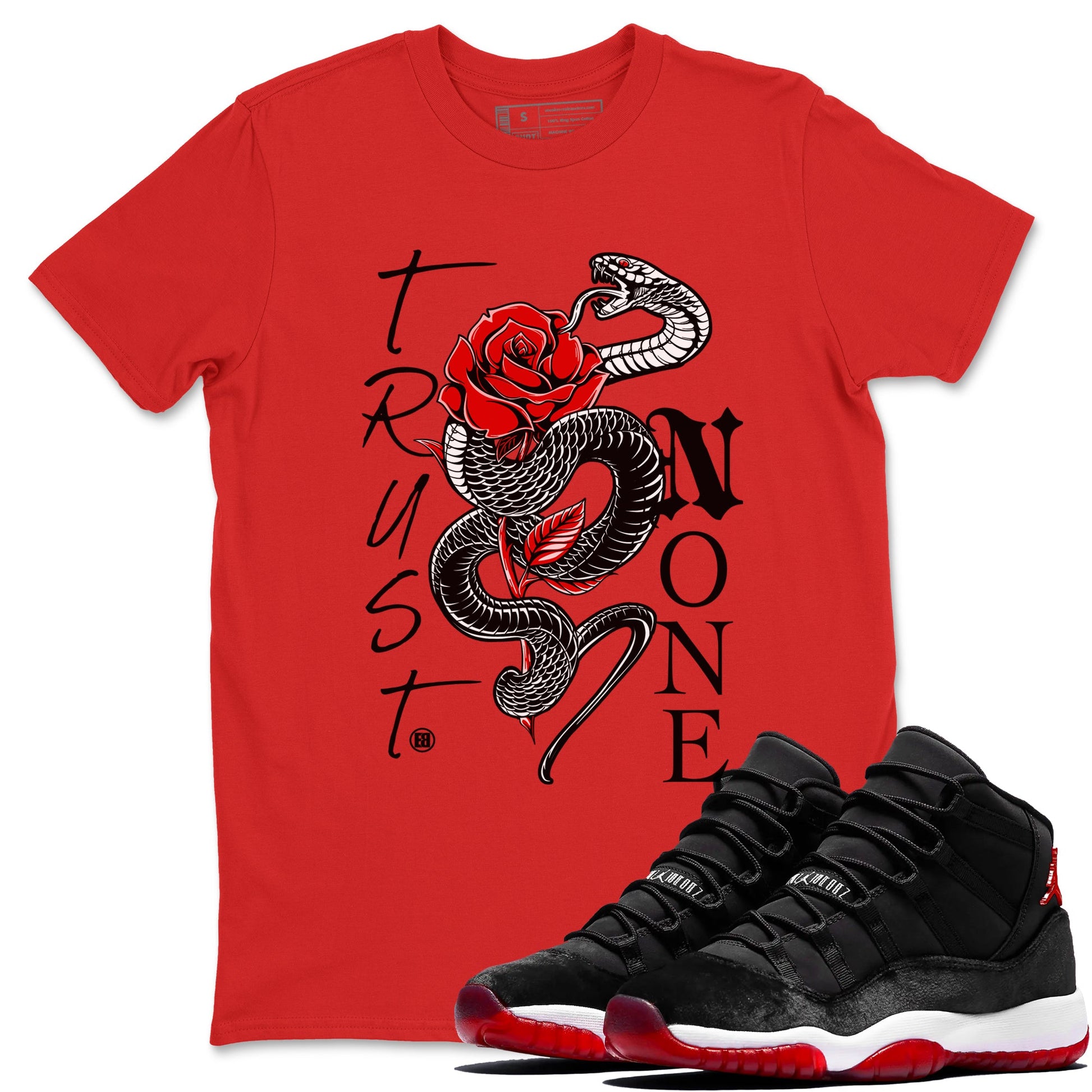 11s Bred Velvet shirts to match jordans Trust None sneaker match tees Air Jordan 11 Bred Velvet SNRT Sneaker Tees streetwear brand Red 1 unisex cotton tee