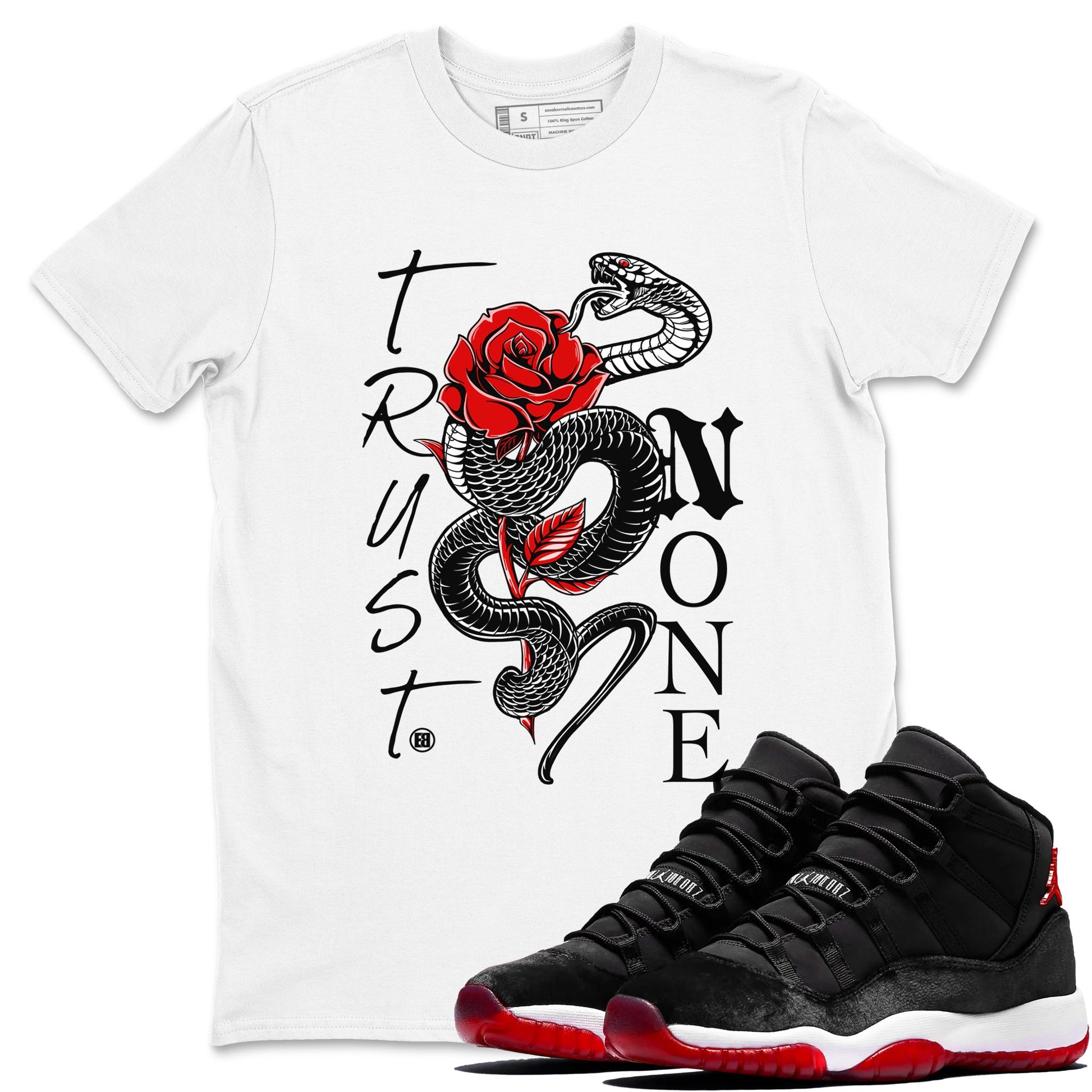 11s Bred Velvet shirts to match jordans Trust None sneaker match tees Air Jordan 11 Bred Velvet SNRT Sneaker Tees streetwear brand White 1 unisex cotton tee