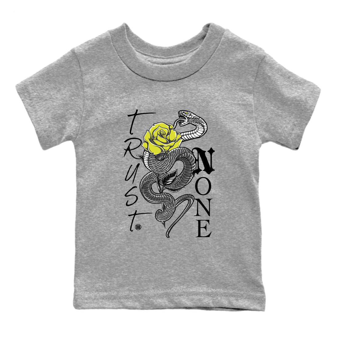 Trust None baby and kids t-shirt crafted for little sneakerheads to shine with the Air Max 90 Cyber sneakers, displayed in Heather Grey 2.