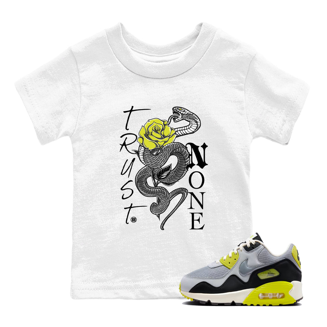 Trust None baby and kids t-shirt crafted for little sneakerheads to shine with the Air Max 90 Cyber sneakers, displayed in White 1.