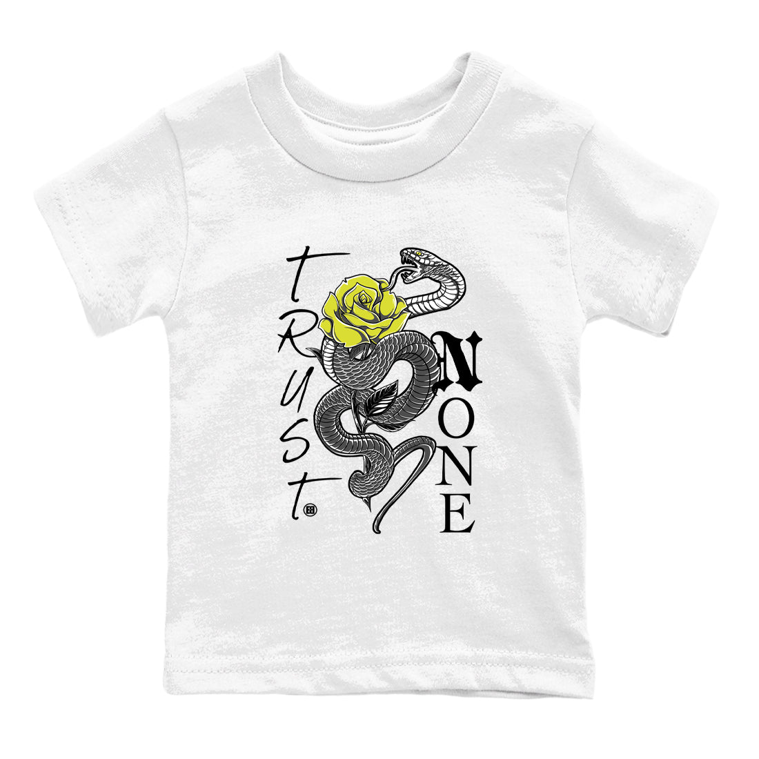 Trust None baby and kids t-shirt crafted for little sneakerheads to shine with the Air Max 90 Cyber sneakers, displayed in White 2.