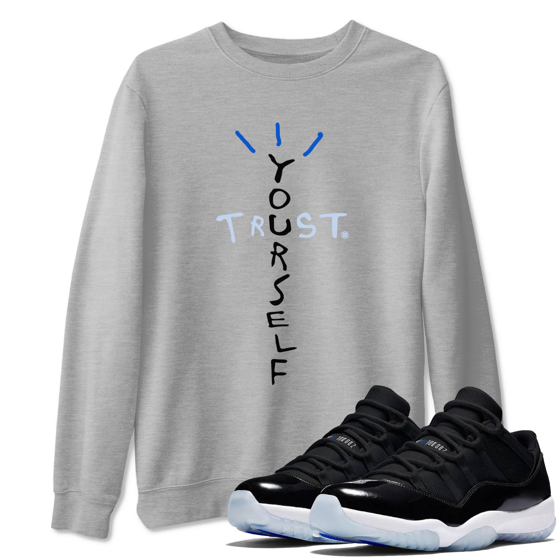 11s Black and Varsity Royal shirt to match jordans Trust Yourself sneaker tees AJ11 Black and Varsity Royal SNRT sneaker Release Tees unisex cotton Heather Grey 1 crew neck shirt