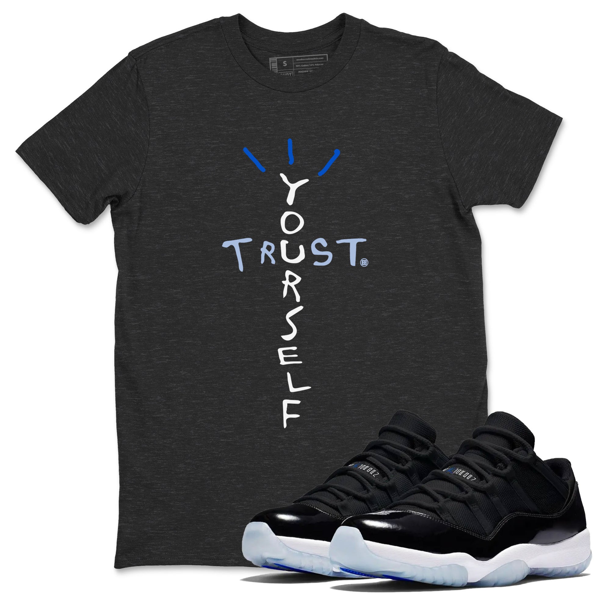 11s Black and Varsity Royal shirt to match jordans Trust Yourself sneaker tees AJ11 Black and Varsity Royal SNRT sneaker Release Tees unisex cotton Charcoal Heather 1 crew neck shirt