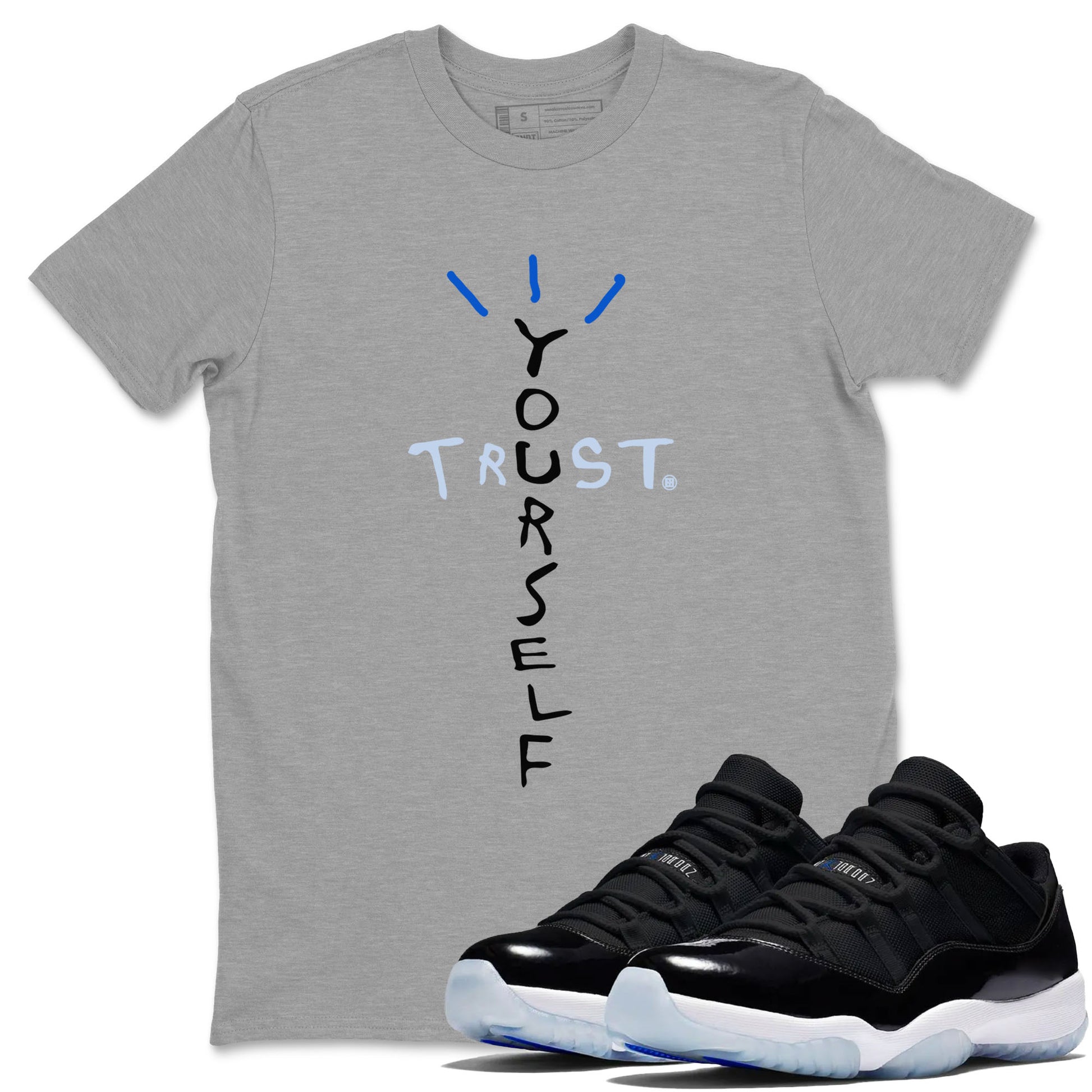 11s Black and Varsity Royal shirt to match jordans Trust Yourself sneaker tees AJ11 Black and Varsity Royal SNRT sneaker Release Tees unisex cotton Heather Grey 1 crew neck shirt