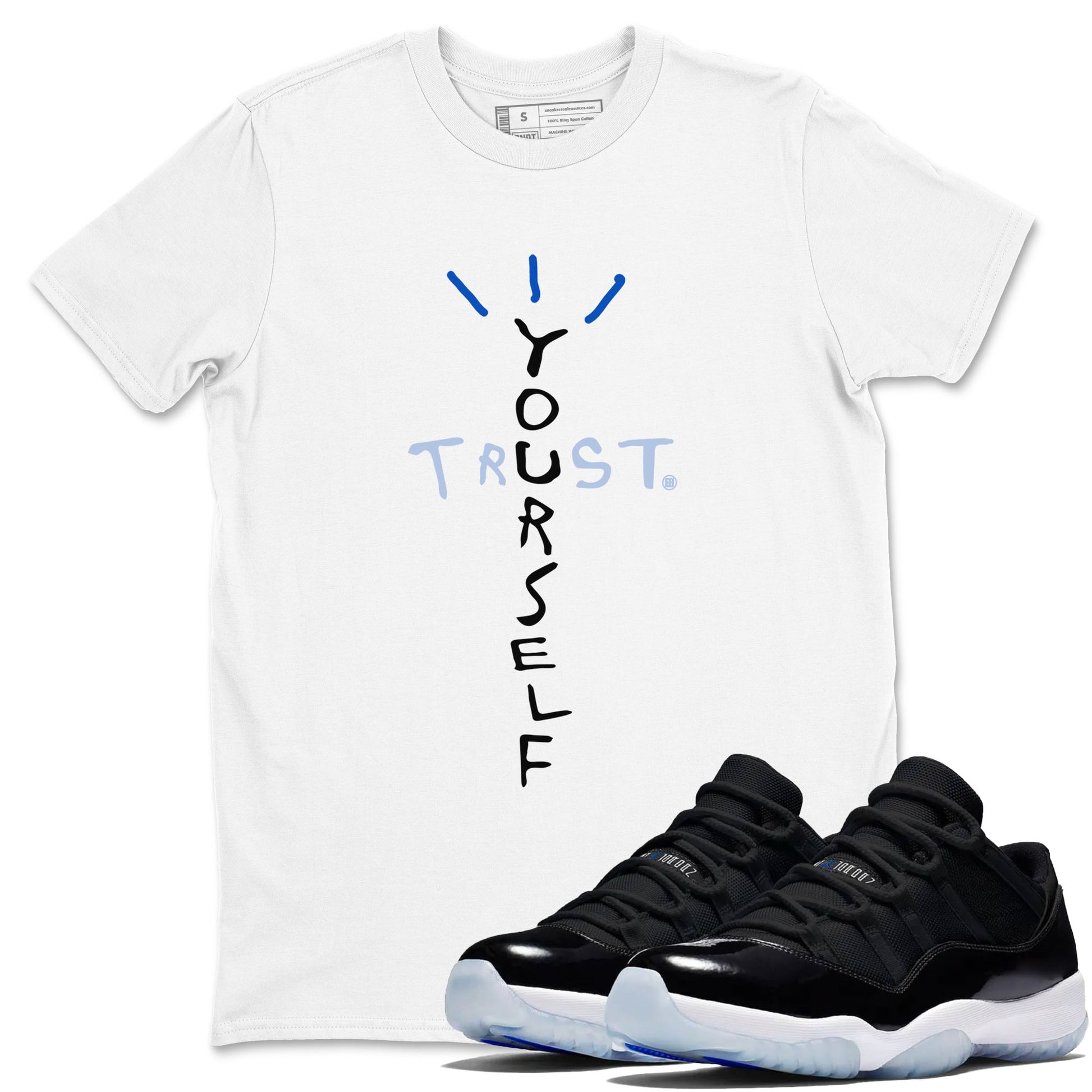 11s Black and Varsity Royal shirt to match jordans Trust Yourself sneaker tees AJ11 Black and Varsity Royal SNRT sneaker Release Tees unisex cotton White 1 crew neck shirt