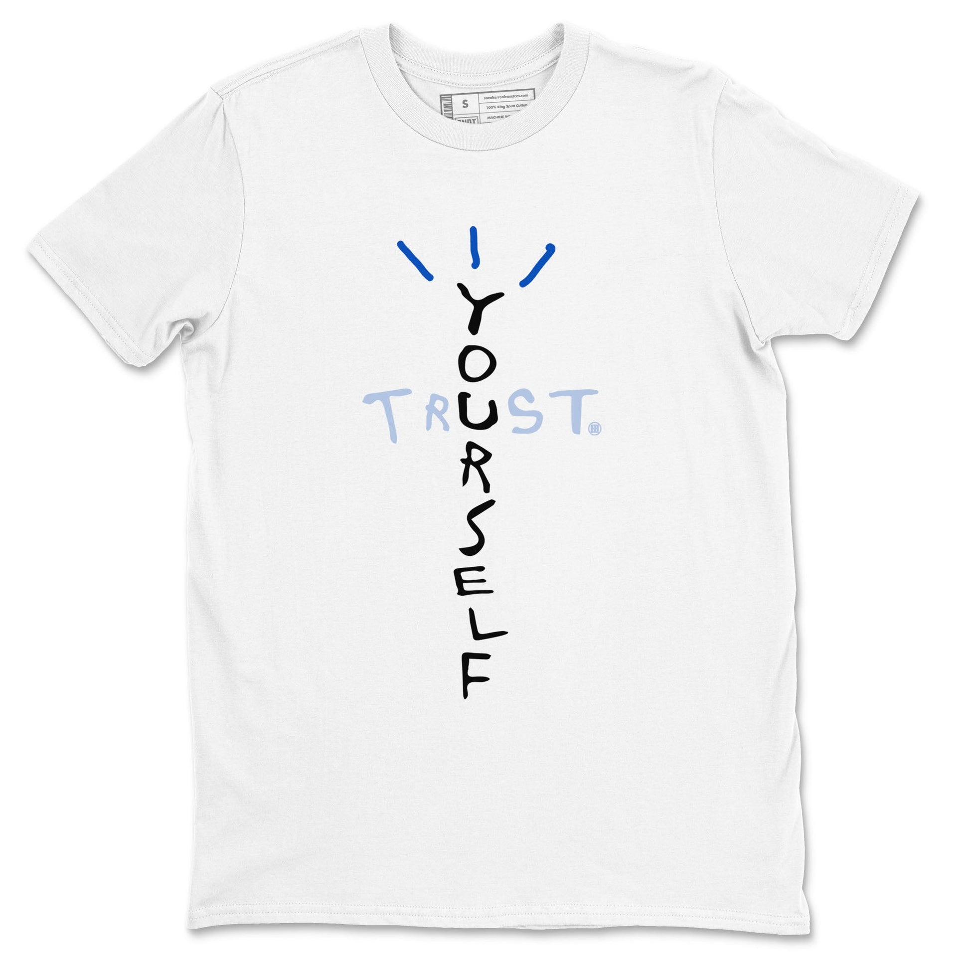 11s Black and Varsity Royal shirt to match jordans Trust Yourself sneaker tees AJ11 Black and Varsity Royal SNRT sneaker Release Tees unisex cotton White 2 crew neck shirt