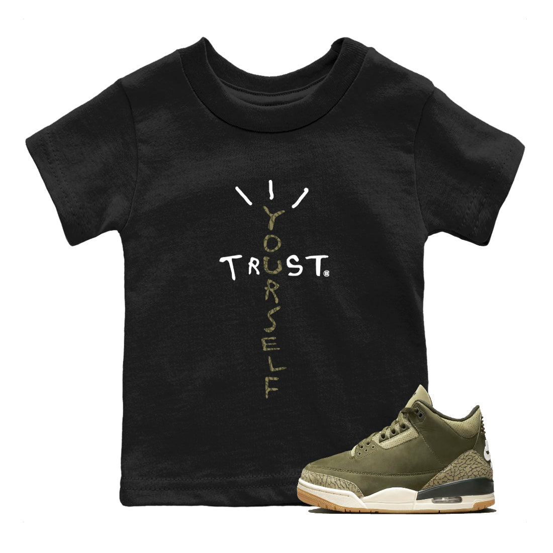 Sneaker Threads – Sneaker Tees To Match Air Jordan 3 Medium Olive – Trust Yourself Youth Graphic Tee Black 1. Perfect for Jordan releases 2025 colorways.