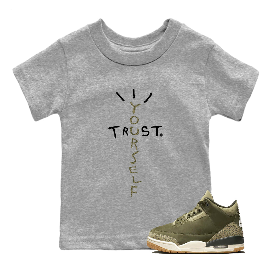 Sneaker Threads – Sneaker Tees To Match Air Jordan 3 Medium Olive – Trust Yourself Youth Graphic Tee Heather Grey 1. Perfect for Jordan releases 2025 colorways.