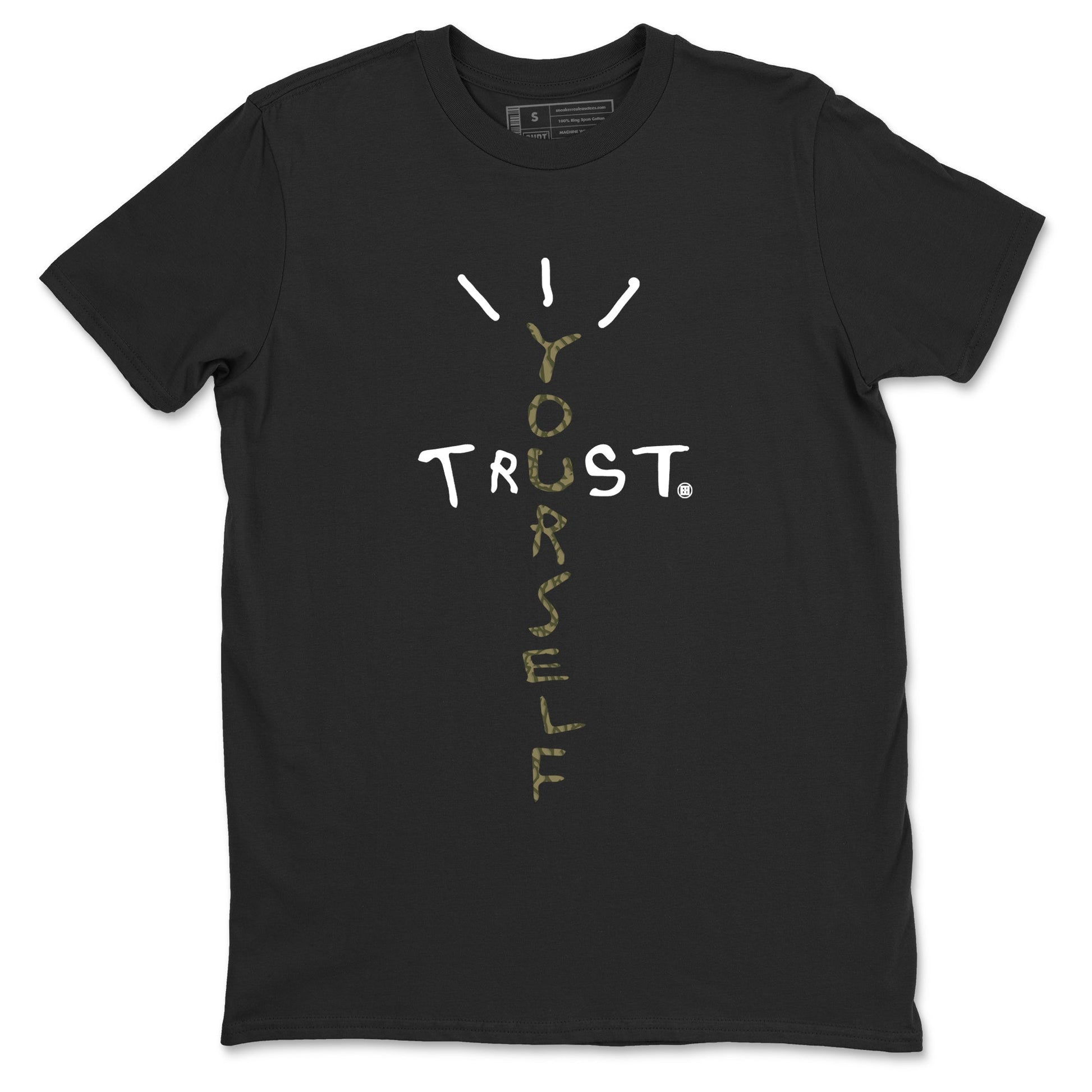 Sneaker Threads – Sneaker Tees To Match Air Jordan 3 Medium Olive – Trust Yourself Graphic Tee Black 2. Perfect for Jordan releases 2025 colorways.