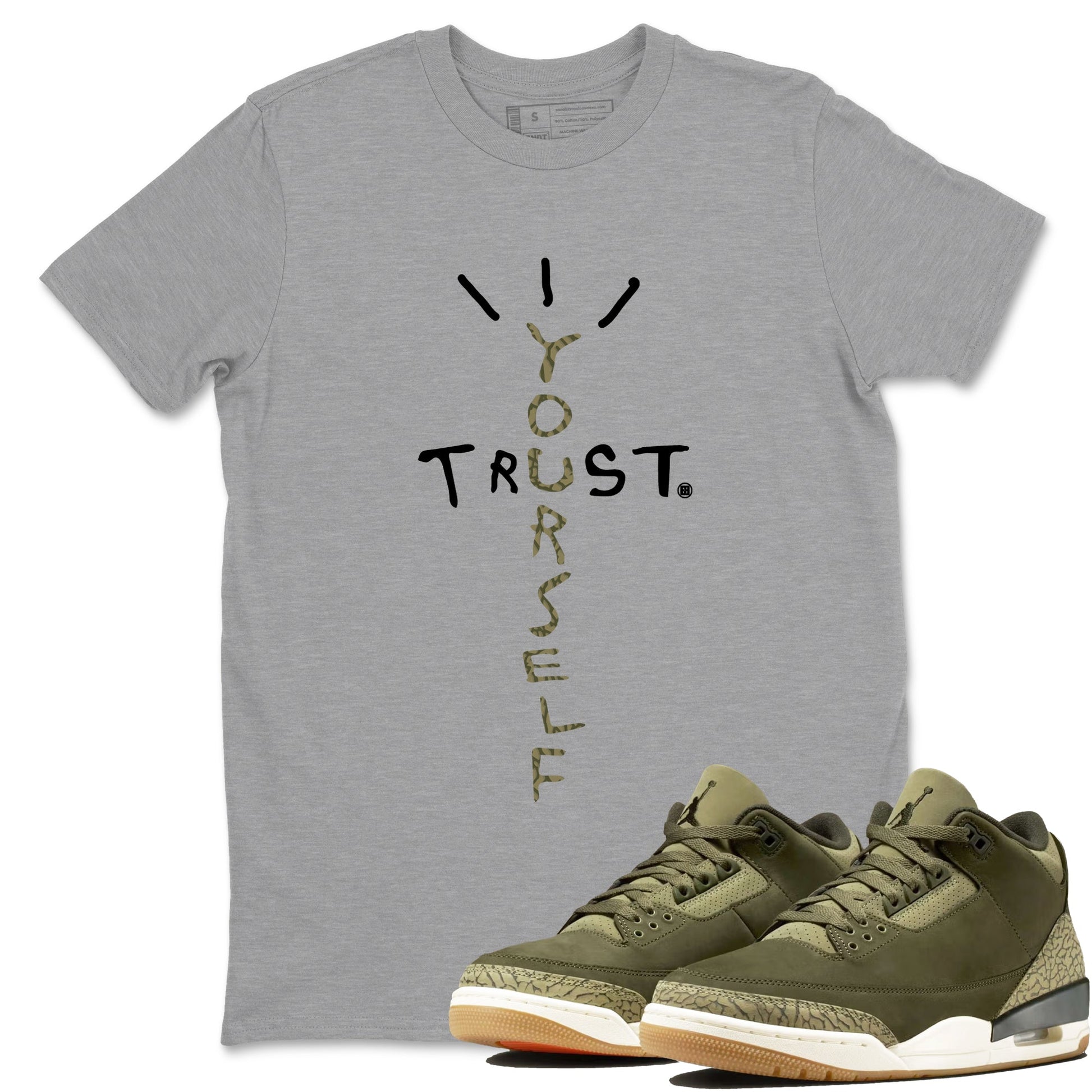 Sneaker Threads – Sneaker Tees To Match Air Jordan 3 Medium Olive – Trust Yourself Graphic Tee Heather Grey 1. Perfect for Jordan releases 2025 colorways.