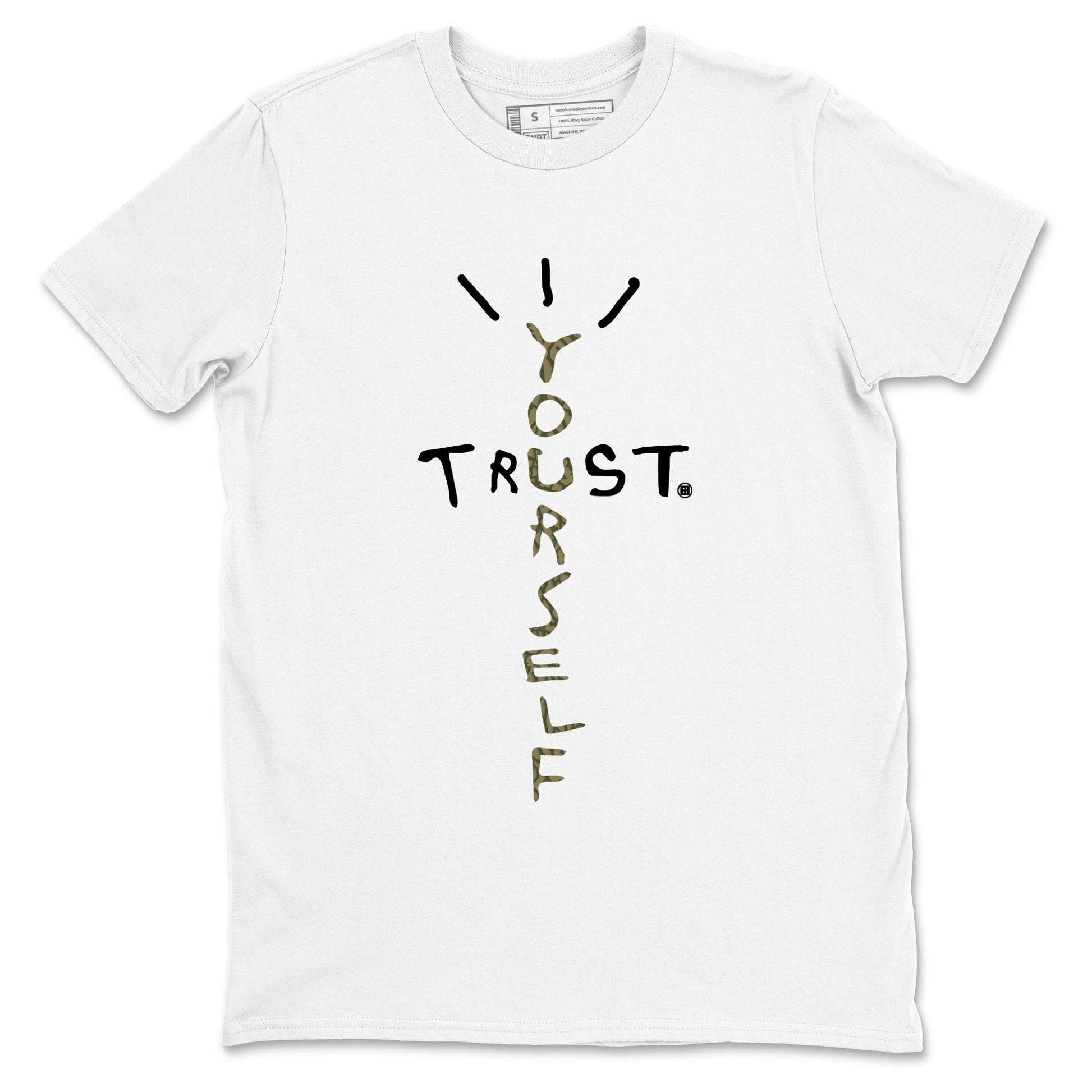 Sneaker Threads – Sneaker Tees To Match Air Jordan 3 Medium Olive – Trust Yourself Graphic Tee White 2. Perfect for Jordan releases 2025 colorways.
