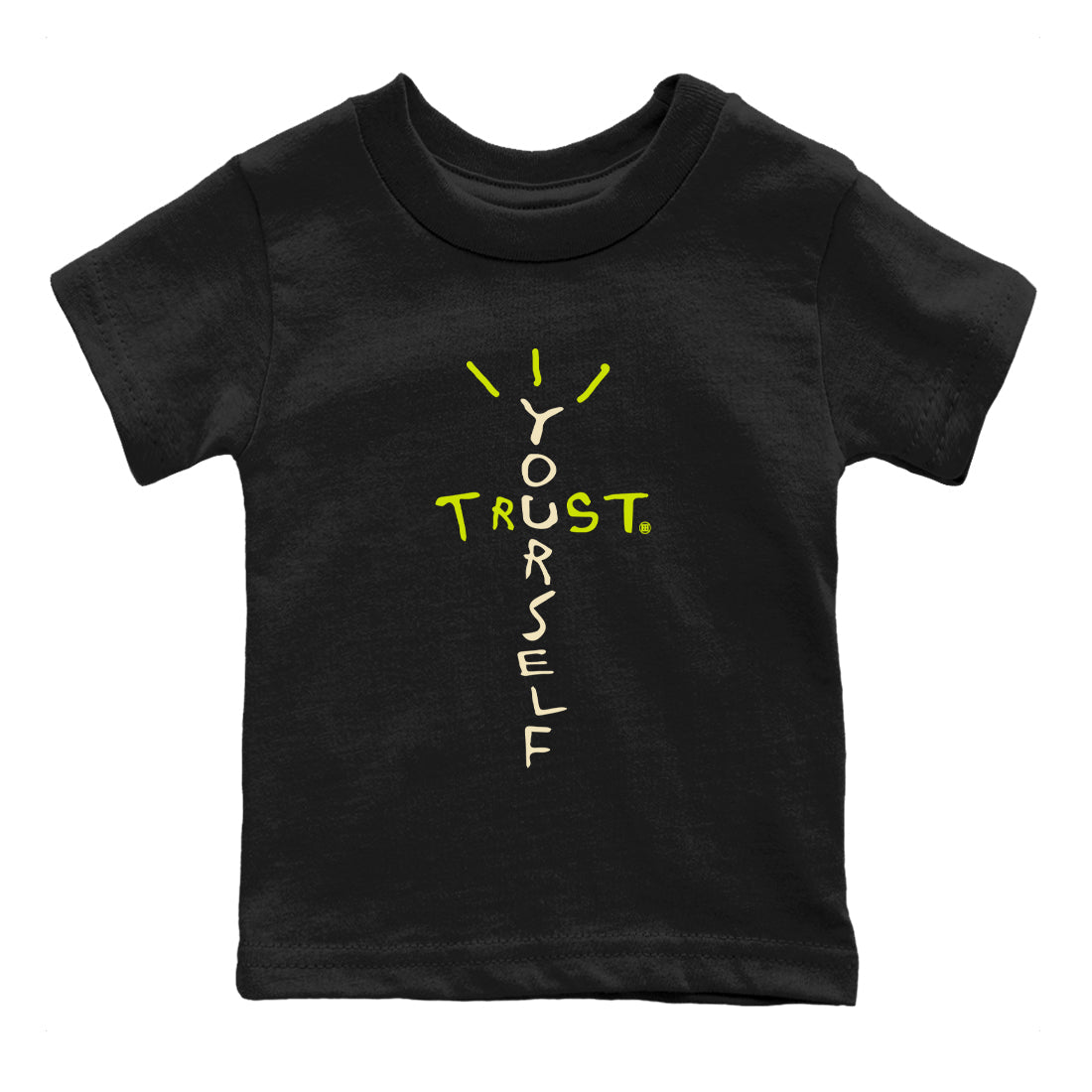 Trust Yourself baby and kids t-shirt crafted for little sneakerheads to shine with the Jordan Jumpman Jack Travis Scott Bright Cactus sneakers, displayed in Black 2.