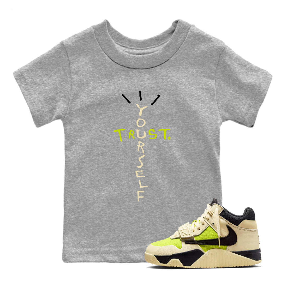 Trust Yourself baby and kids t-shirt crafted for little sneakerheads to shine with the Jordan Jumpman Jack Travis Scott Bright Cactus sneakers, displayed in Heather Grey 1.