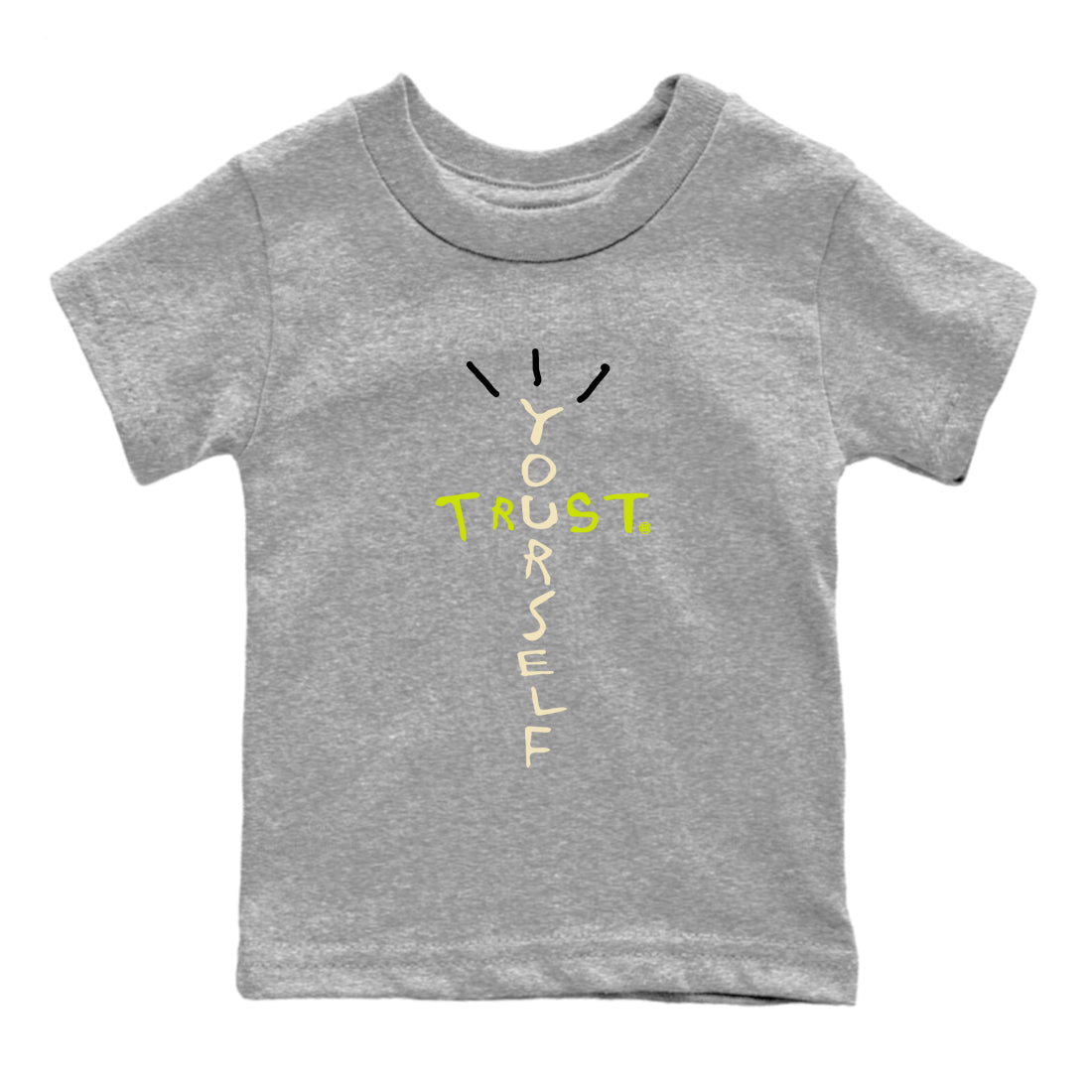 Trust Yourself baby and kids t-shirt crafted for little sneakerheads to shine with the Jordan Jumpman Jack Travis Scott Bright Cactus sneakers, displayed in Heather Grey 2.