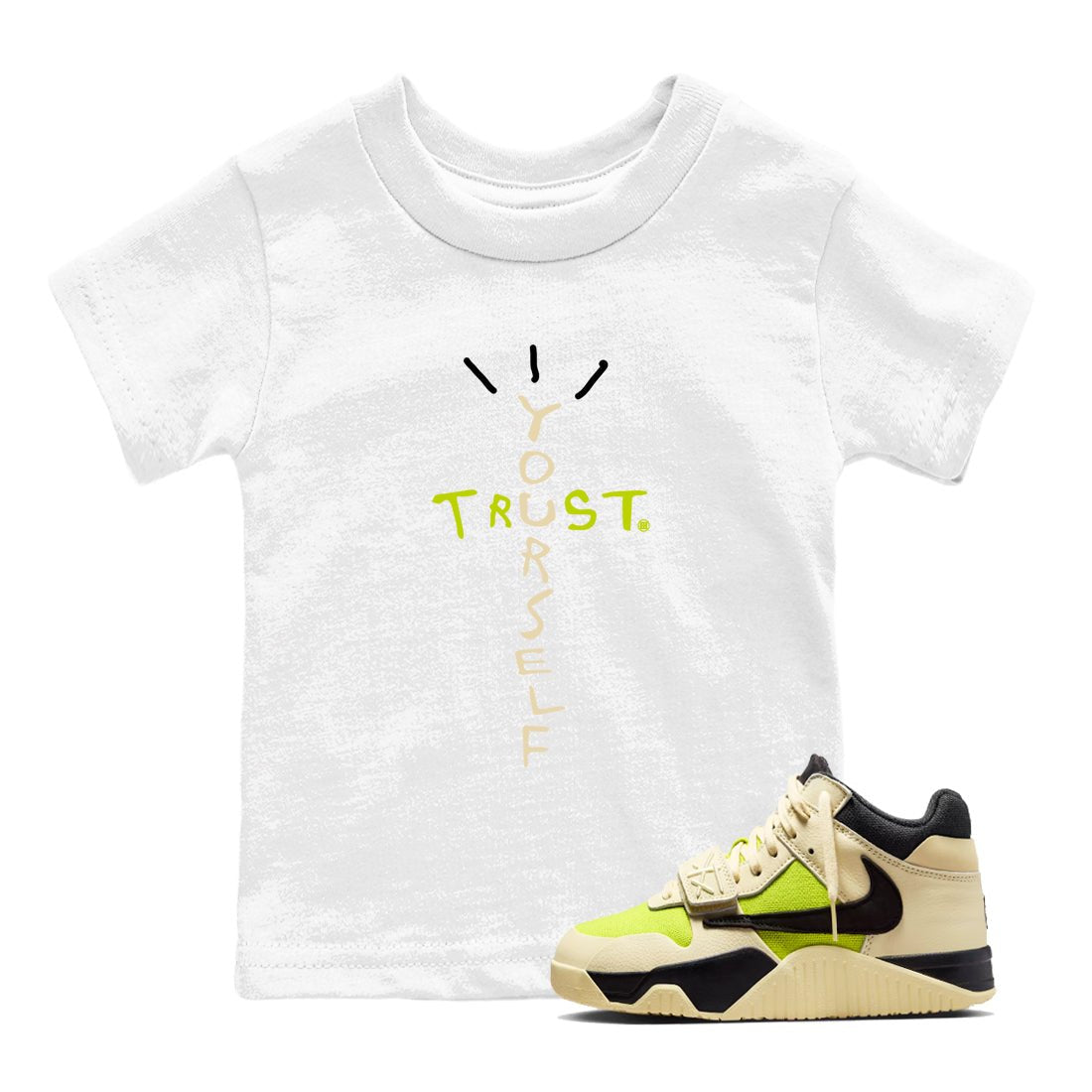 Trust Yourself baby and kids t-shirt crafted for little sneakerheads to shine with the Jordan Jumpman Jack Travis Scott Bright Cactus sneakers, displayed in White 1.