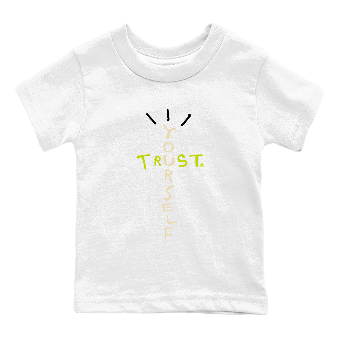 Trust Yourself baby and kids t-shirt crafted for little sneakerheads to shine with the Jordan Jumpman Jack Travis Scott Bright Cactus sneakers, displayed in White 2.