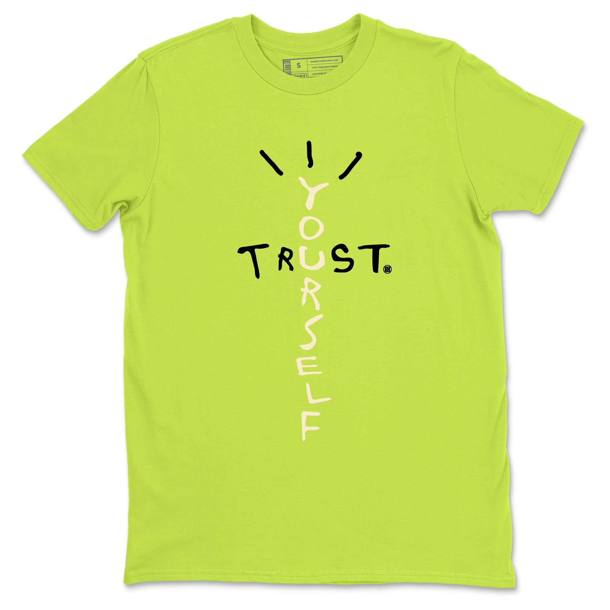 Trust Yourself sneaker match t-shirt styled to complete your fit with the Jordan Jumpman Jack Travis Scott Bright Cactus sneakers, shown in Safety Green 2.