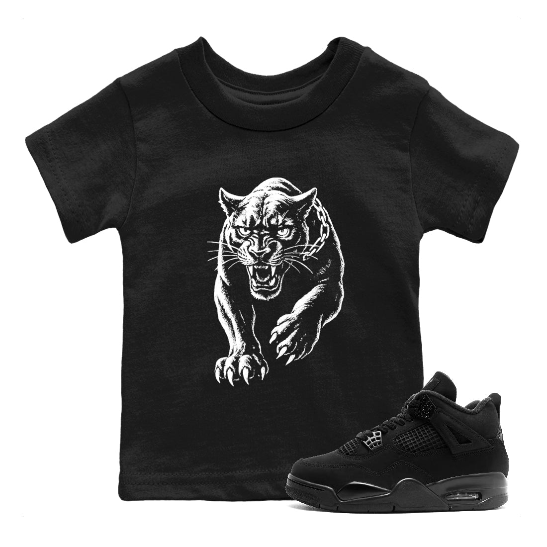 4s Black Cat Sneaker match tees – Sneaker Tees To Match Air Jordan 4 Black Cat Shoes – Unleashed Black Cat Kids T-Shirt Black 1