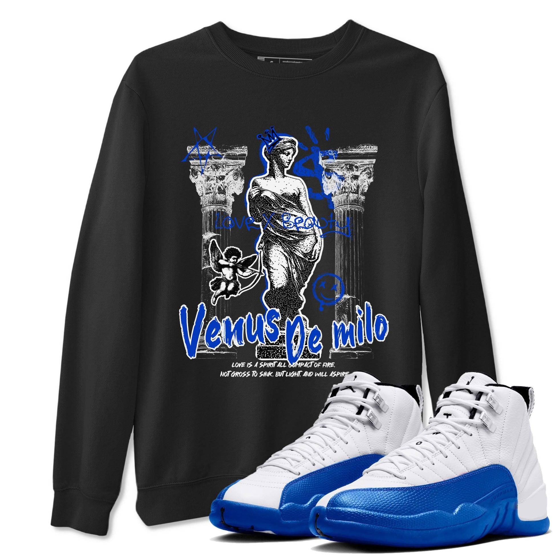 12s Blueberry shirts to match jordans Venus De Milo best t shirts to wear with jordans Air Jordan 12 Retro Blueberry match shoes to clothes SNRT Sneaker Tees unisex cotton Black 1 shirts