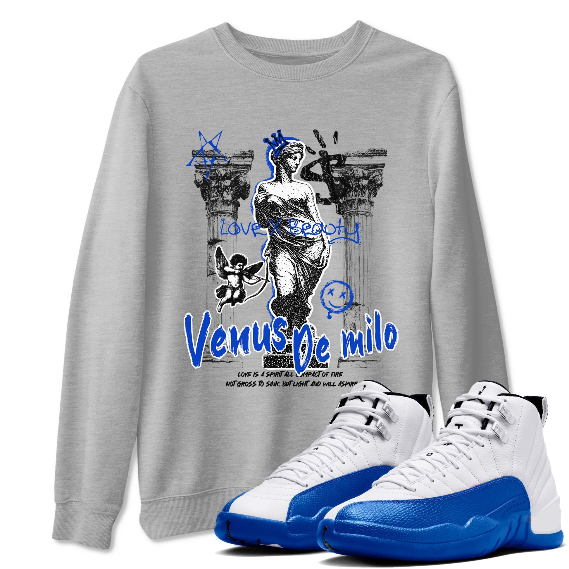 12s Blueberry shirts to match jordans Venus De Milo best t shirts to wear with jordans Air Jordan 12 Retro Blueberry match shoes to clothes SNRT Sneaker Tees unisex cotton Heather Grey 1 shirts