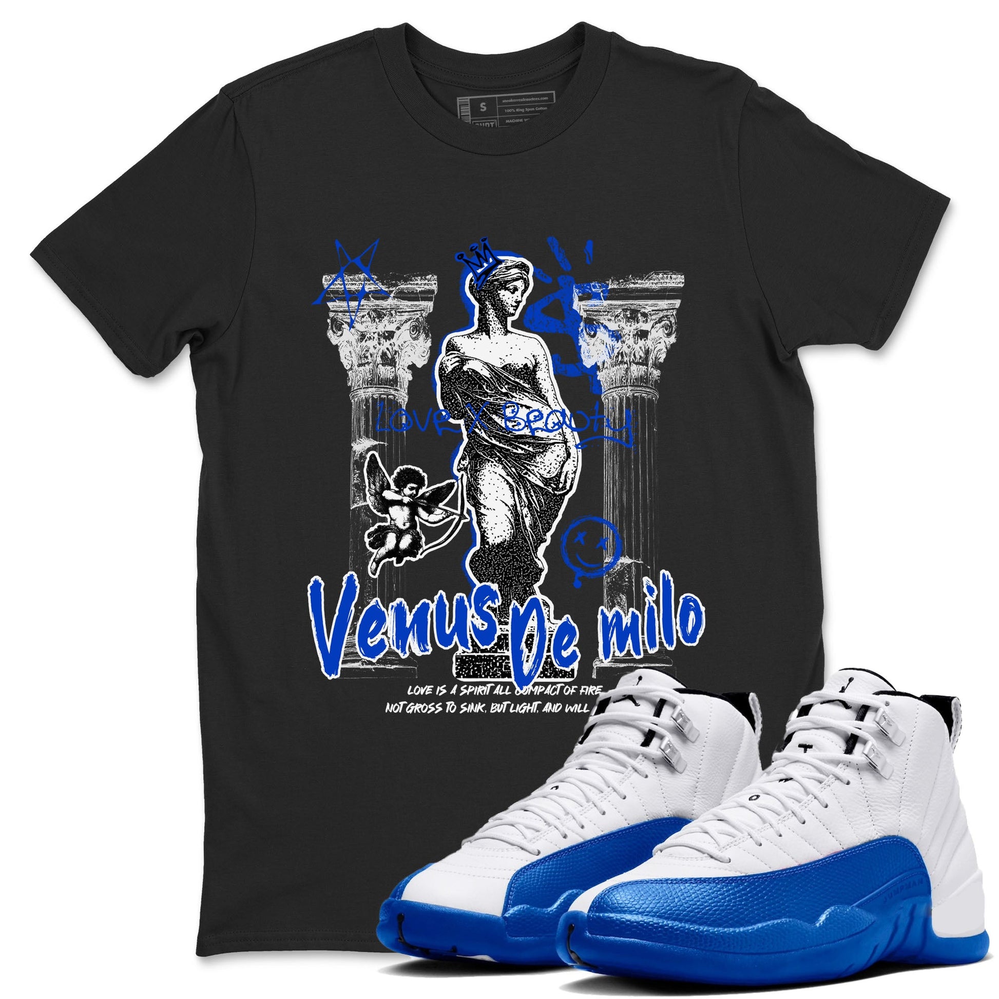12s Blueberry shirts to match jordans Venus De Milo best t shirts to wear with jordans Air Jordan 12 Retro Blueberry match shoes to clothes SNRT Sneaker Tees unisex cotton Black 1 shirts