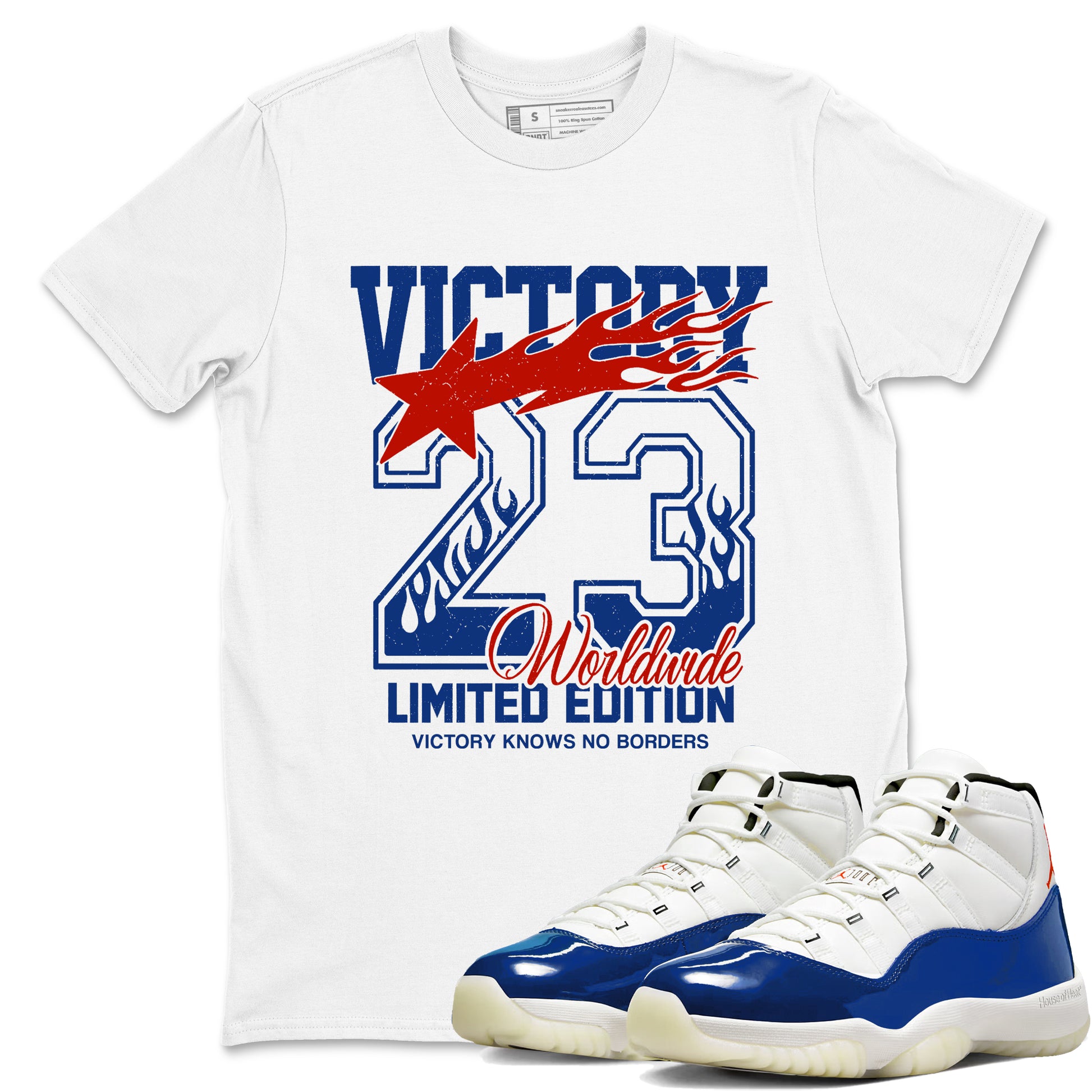 White t-shirt with 'Victory 23 Worldwide Limited Edition' design and matching sneakers.