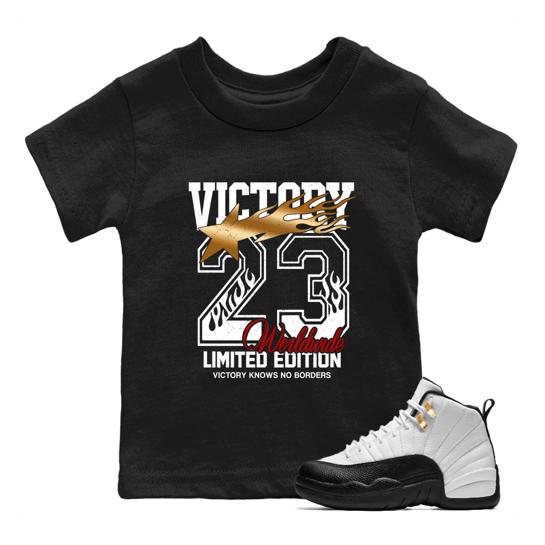 Sneaker match tees – Sneaker Tees To Match Air Jordan 12 Taxi Shoes – Victory Knows No Borders Kids T-Shirt Black 1