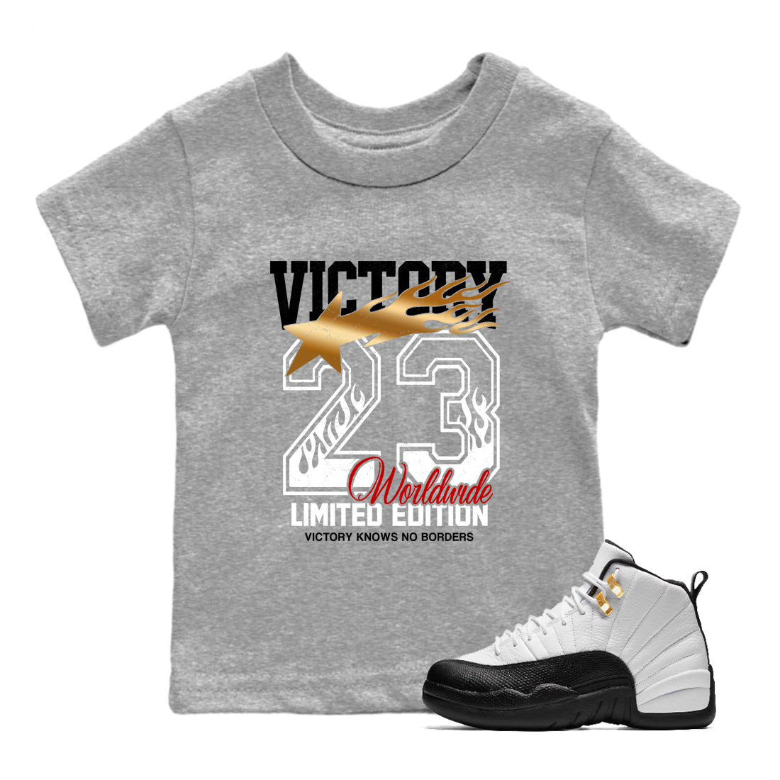 Sneaker match tees – Sneaker Tees To Match Air Jordan 12 Taxi Shoes – Victory Knows No Borders Kids T-Shirt Heather Grey 1